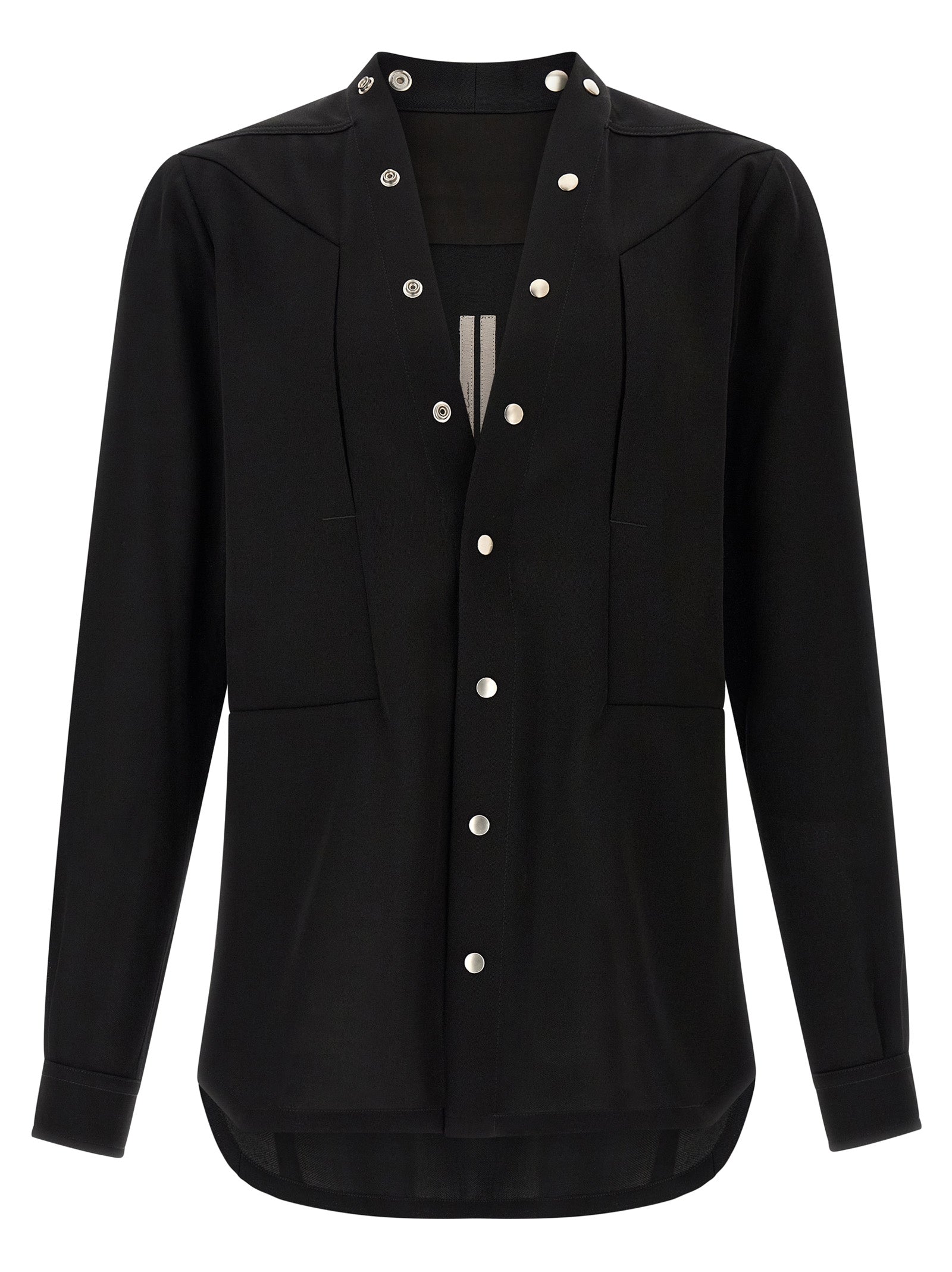 Shirt by Rick Owens for men in cotton black & silver features an architectural silhouette with a refined and elegant v-neck neckline for a architectural look.