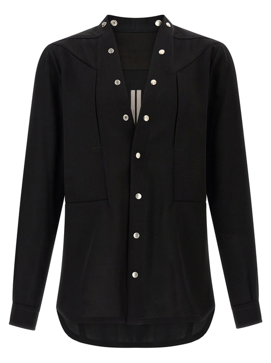 Shirt by Rick Owens for men in cotton black & silver features an architectural silhouette with a refined and elegant v-neck neckline for a architectural look.