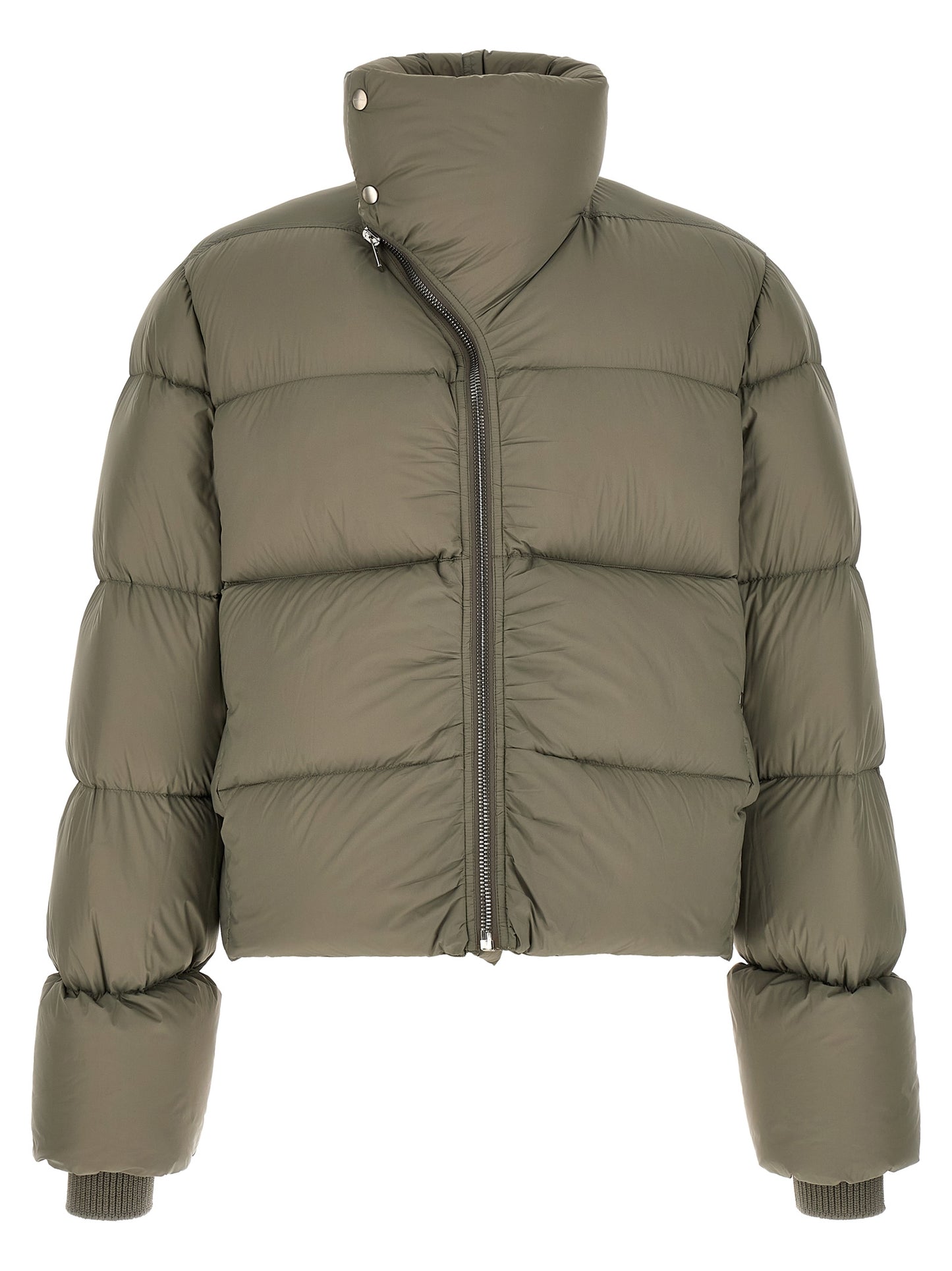 Puffer Jacket by Rick Owens for men in nylon bicolour, green, olive & silver showcases a bohemian silhouette, artfully detailed with a bohemian turtle tube neckline and signature insulated for a truly bohemian finish.