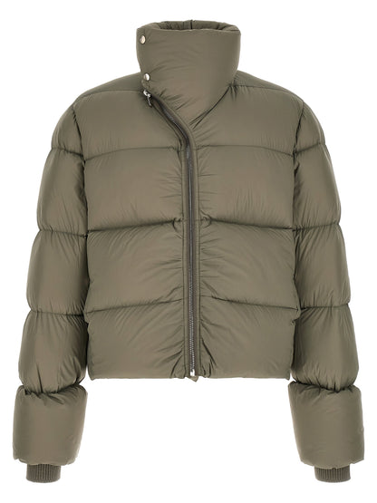 Puffer Jacket by Rick Owens for men in nylon bicolour, green, olive & silver showcases a bohemian silhouette, artfully detailed with a bohemian turtle tube neckline and signature insulated for a truly bohemian finish.