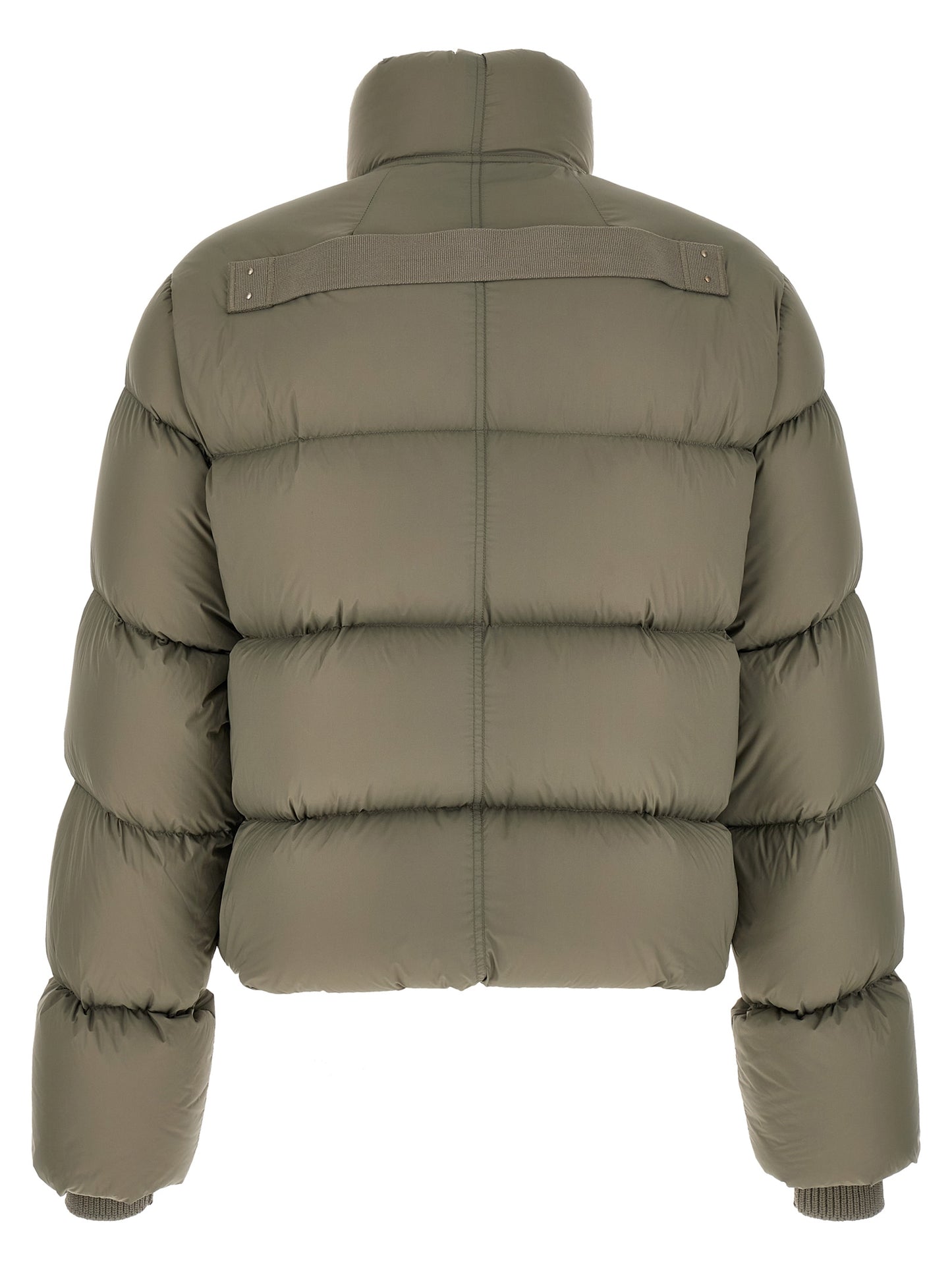 This Puffer Jacket by Rick Owens for men in nylon bicolour, green, olive & silver exhibits a edgy silhouette, meticulously detailed with functional insulated and a edgy turtle tube neckline for a edgy finish.