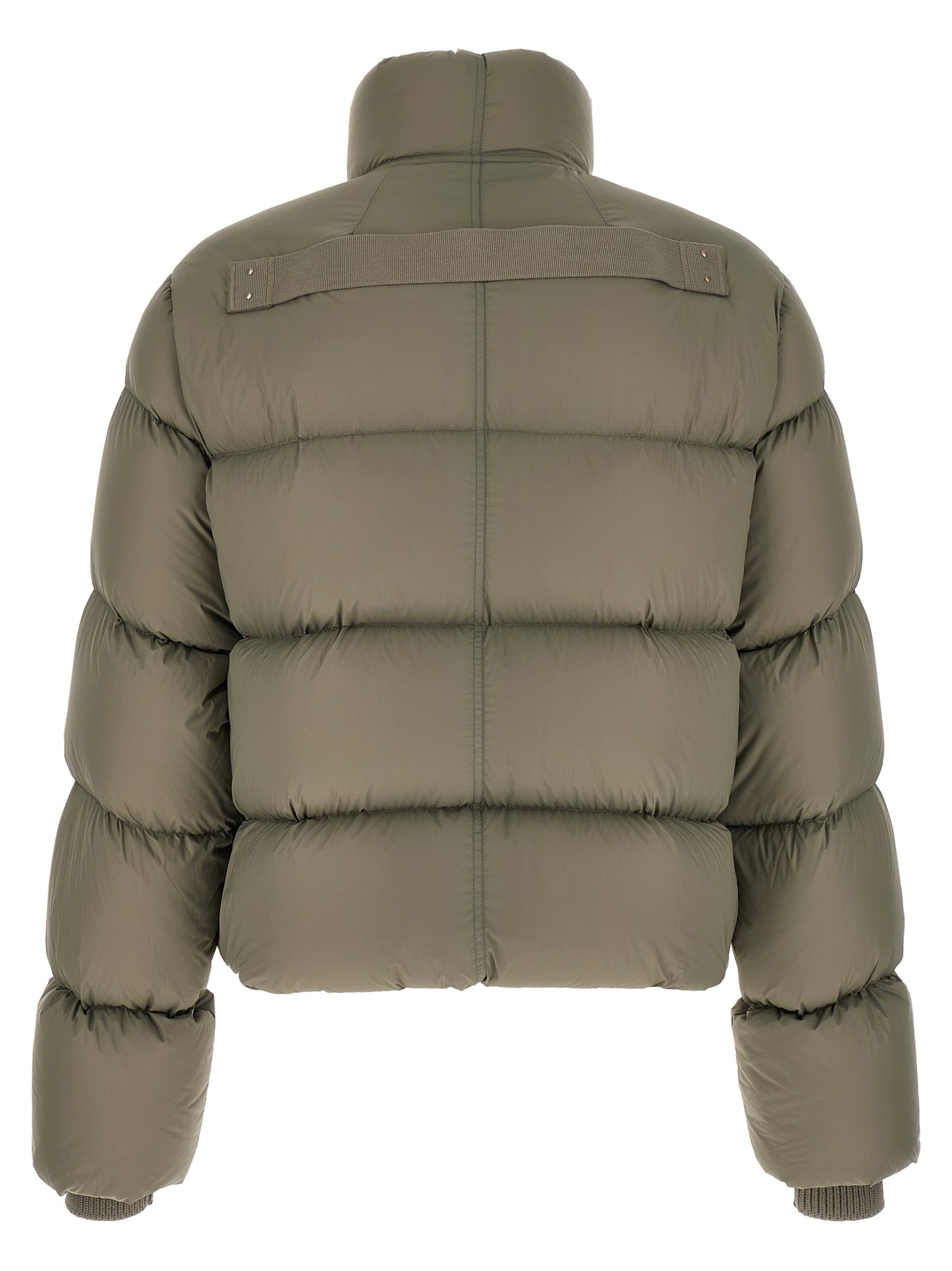 This Puffer Jacket by Rick Owens for men in nylon bicolour, green, olive & silver exhibits a edgy silhouette, meticulously detailed with functional insulated and a edgy turtle tube neckline for a edgy finish.