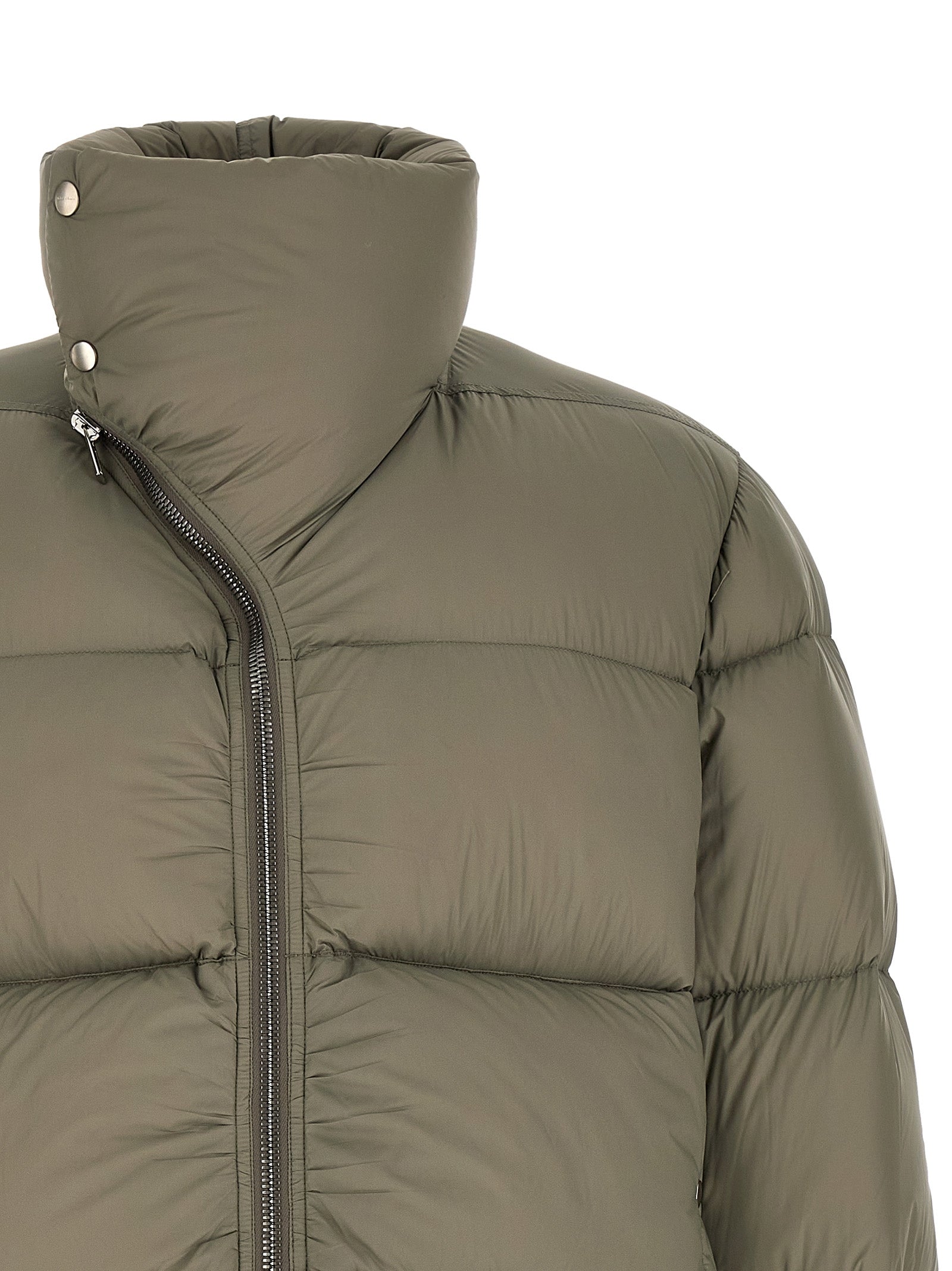 Puffer Jacket by Rick Owens for men in nylon bicolour, green, olive & silver presents a effortlessly chic silhouette, showcasing a sophisticated turtle tube neckline and premium insulated for a truly effortlessly chic finish.