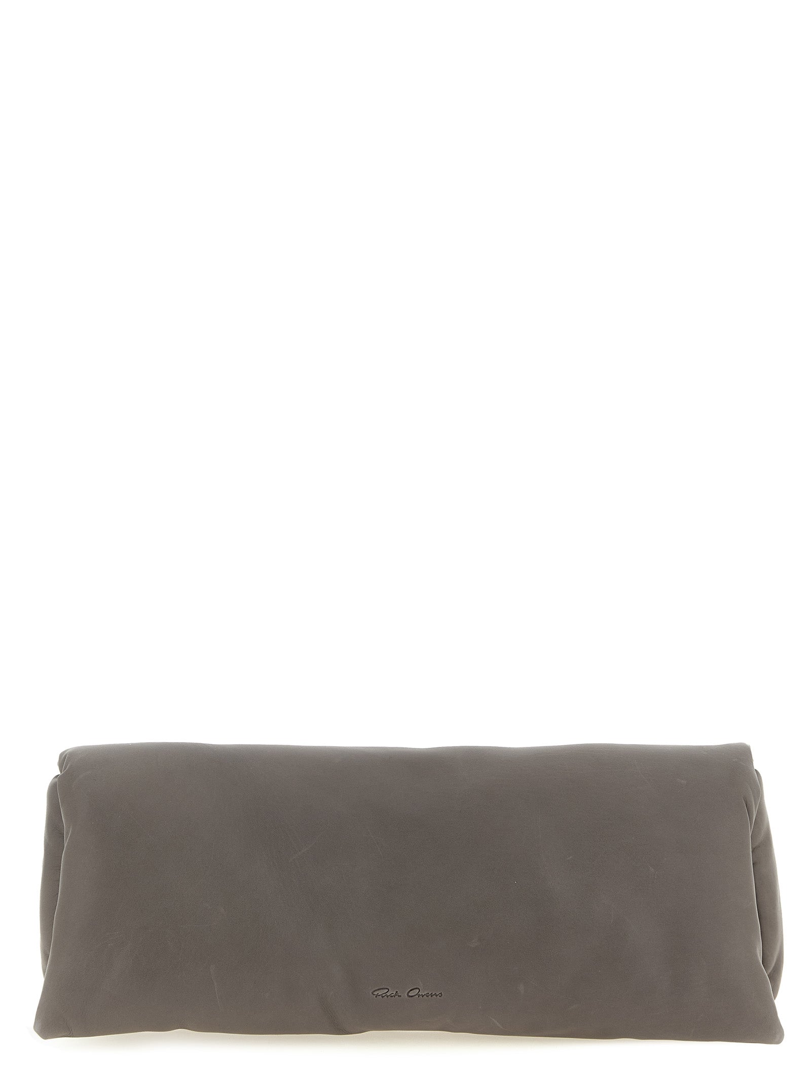 Shoulder Bowling Baguette Clutch Handbag by Rick Owens for women in calfskin leather gray & patterned showcases a sculptural silhouette, featuring a secure , ample built-in-compartments, and versatile for a sculptural aesthetic.
