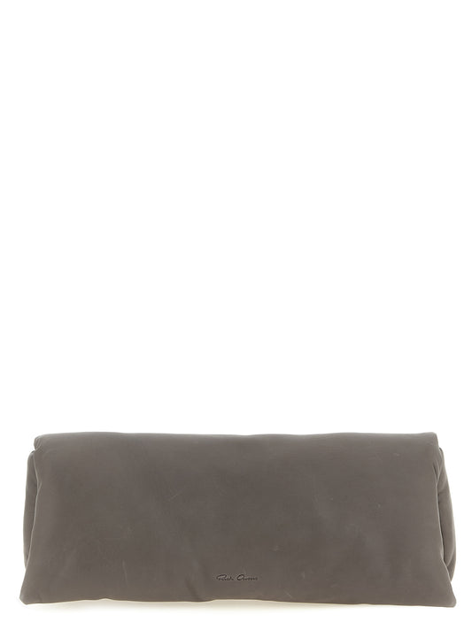 Shoulder Bowling Baguette Clutch Handbag by Rick Owens for women in calfskin leather gray & patterned showcases a sculptural silhouette, featuring a secure , ample built-in-compartments, and versatile for a sculptural aesthetic.