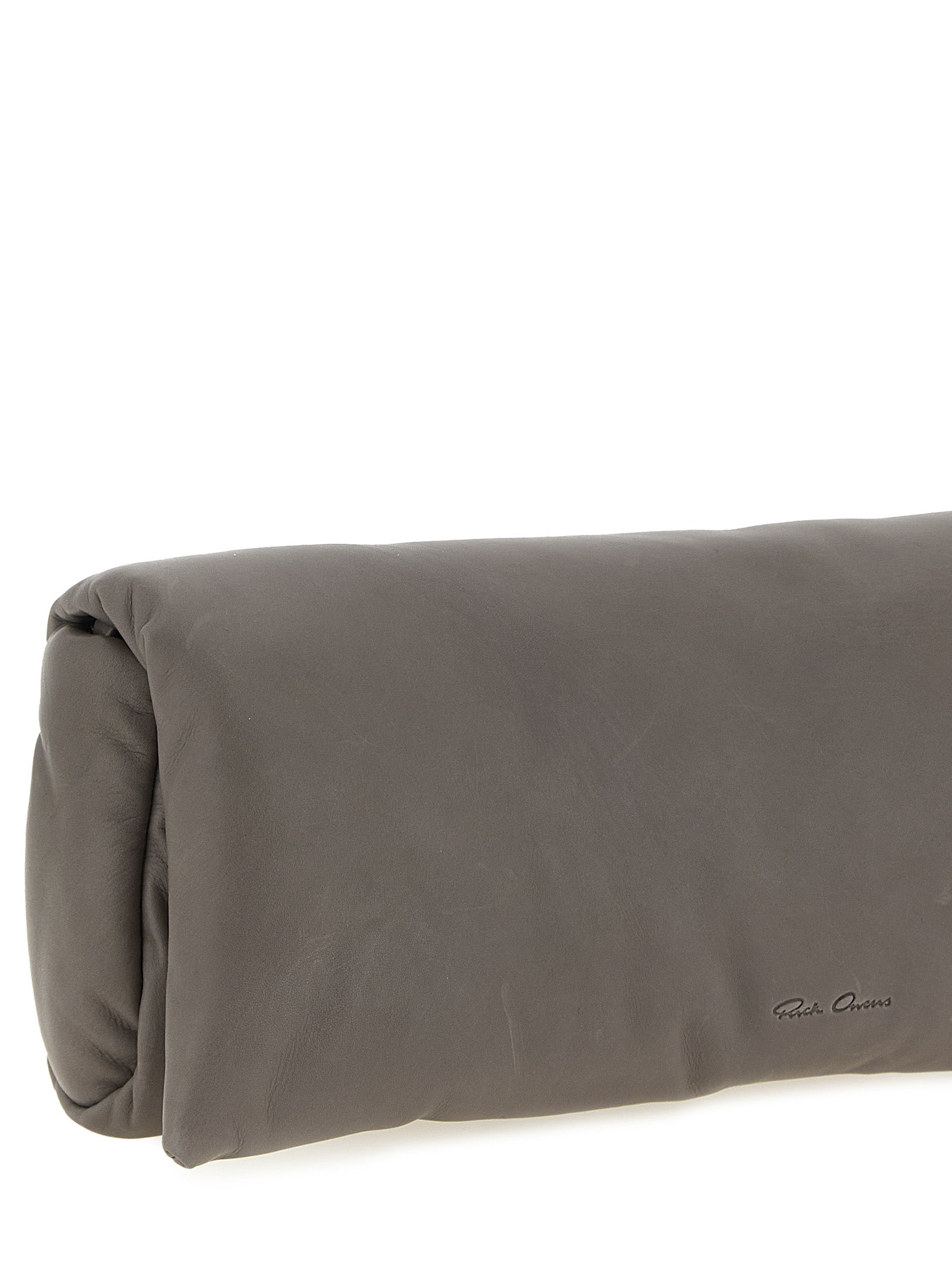 Shoulder Bowling Baguette Clutch Handbag by Rick Owens for women in calfskin leather gray & patterned features an sculptural silhouette, showcasing a secure and sculptural built-in-compartments with versatile for a sophisticated look.