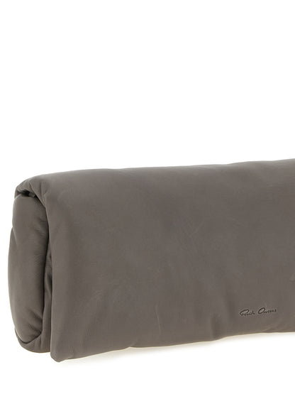 Shoulder Bowling Baguette Clutch Handbag by Rick Owens for women in calfskin leather gray & patterned features an sculptural silhouette, showcasing a secure and sculptural built-in-compartments with versatile for a sophisticated look.