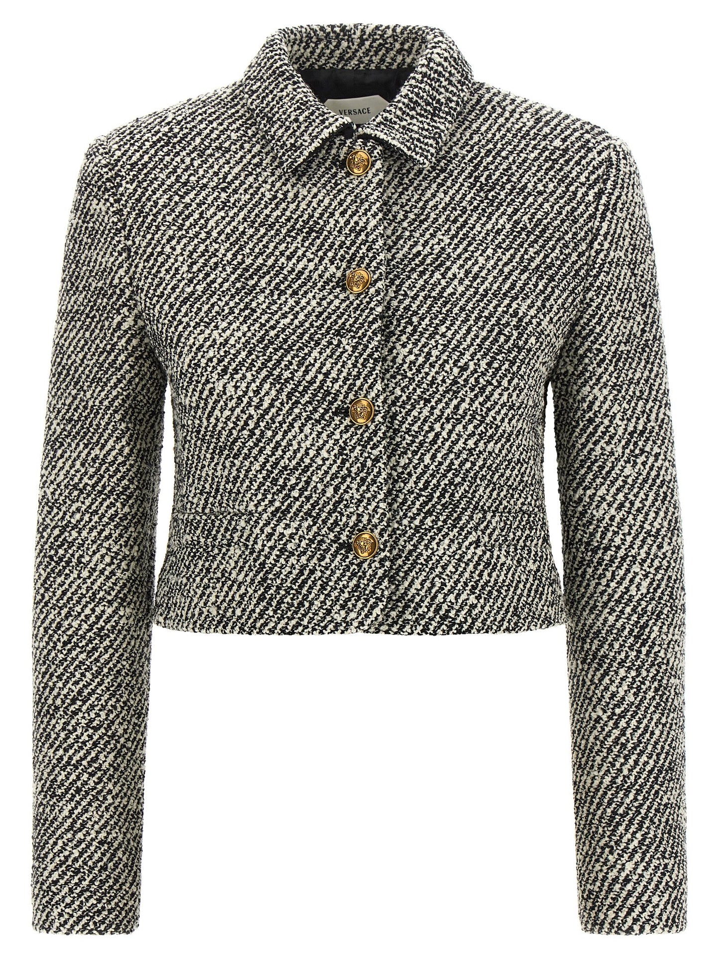 Overcoat by Versace for women in virgin wool & nylon bicolour, black, gold, white & patterned features a contemporary silhouette showcasing a contemporary and refined for a sophisticated finish.