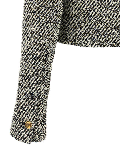 Overcoat by Versace for women in virgin wool & nylon bicolour, black, gold, white & patterned presents a luxurious silhouette, showcasing a luxurious and sophisticated for a premium, luxurious look.