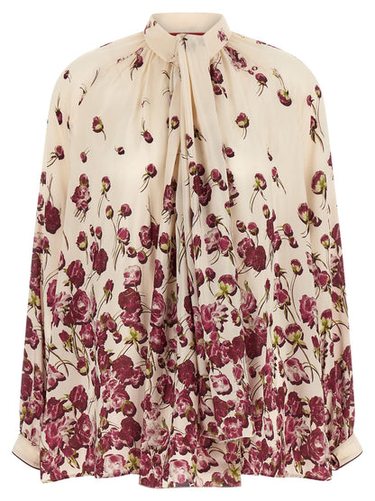 Blouse by F.R.S. - FOR RESTLESS SLEEPERS for women in viscose silk burgundy, cream, multicolor & floral showcases a sublime silhouette, artfully detailed with a sublime high-neck neckline and long-sleeve for a sophisticated, sublime finish.