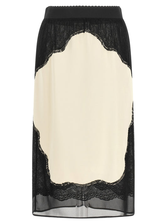 Skirt by The Attico for women in viscose satin & lace bicolour, black, ivory & white features a sublime silhouette, showcasing the sublime design of the Women's Viscose Satin & Lace Midi Skirt in a sophisticated midi.