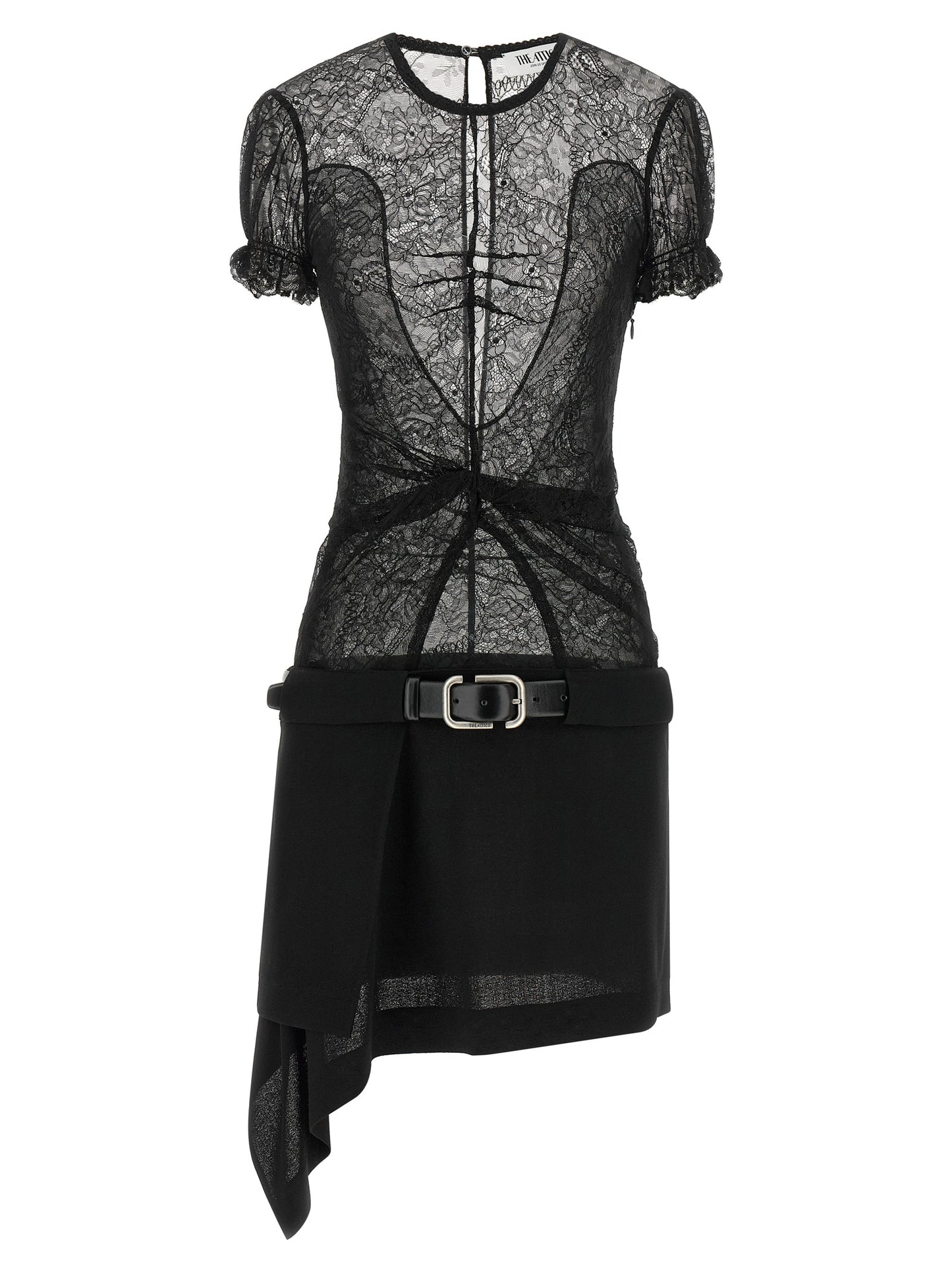 Dress by The Attico for women in polyamide leather & viscose black, silver, transparent & floral features an sultry silhouette defined by a round neckline and , falling to an sultry short mini for a sultry look.