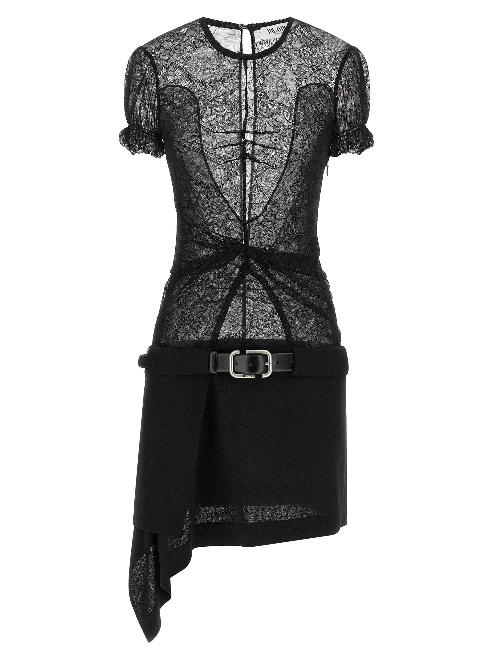Dress by The Attico for women in polyamide leather & viscose black, silver, transparent & floral features an sultry silhouette defined by a round neckline and , falling to an sultry short mini for a sultry look.