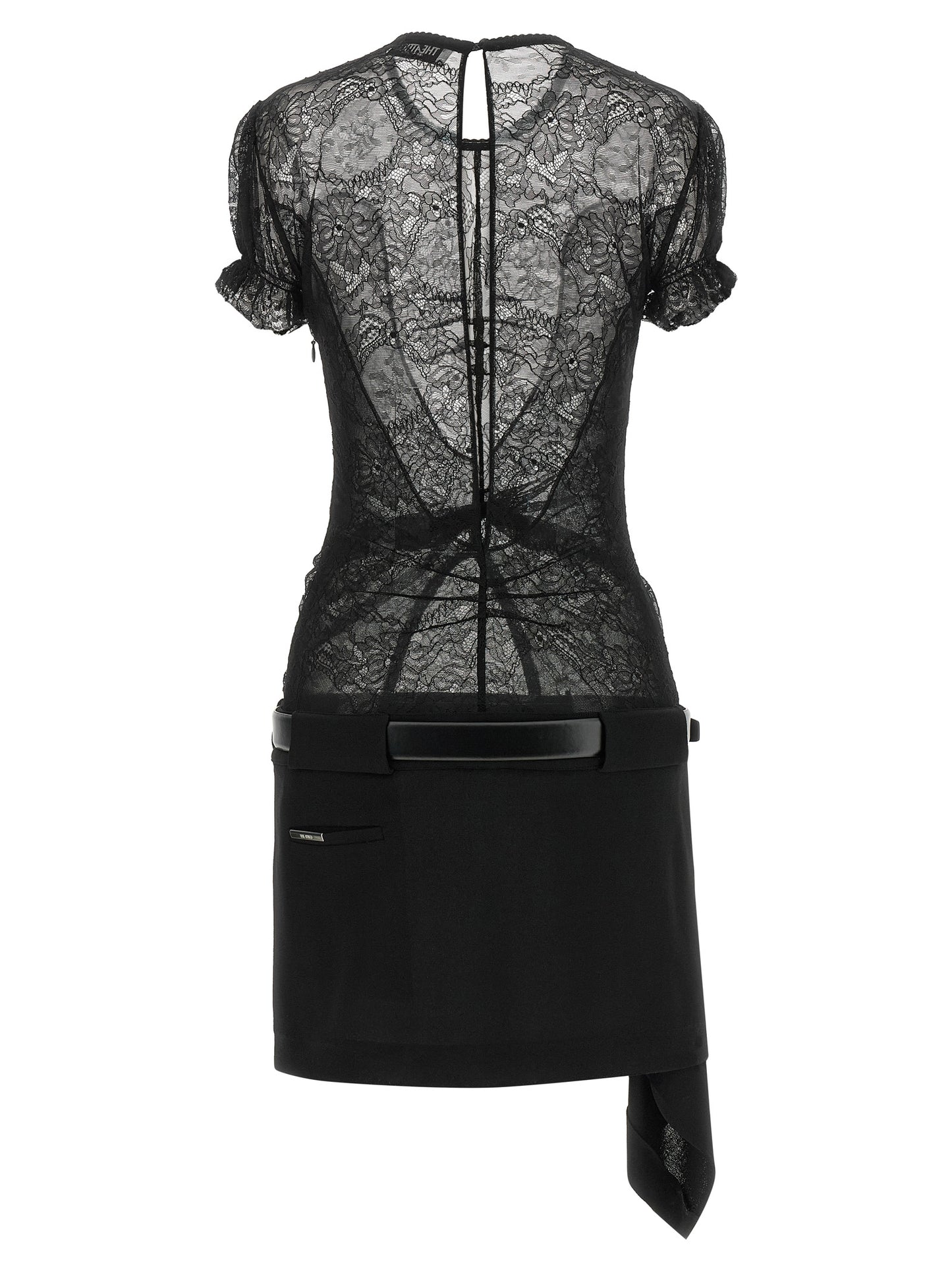Dress by The Attico for women in polyamide leather & viscose black, silver, transparent & floral showcases a striking silhouette, elegantly detailed with a , refined round neckline, and a striking short mini for a striking finish.