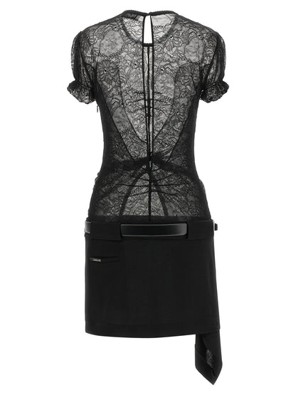 Dress by The Attico for women in polyamide leather & viscose black, silver, transparent & floral showcases a striking silhouette, elegantly detailed with a , refined round neckline, and a striking short mini for a striking finish.