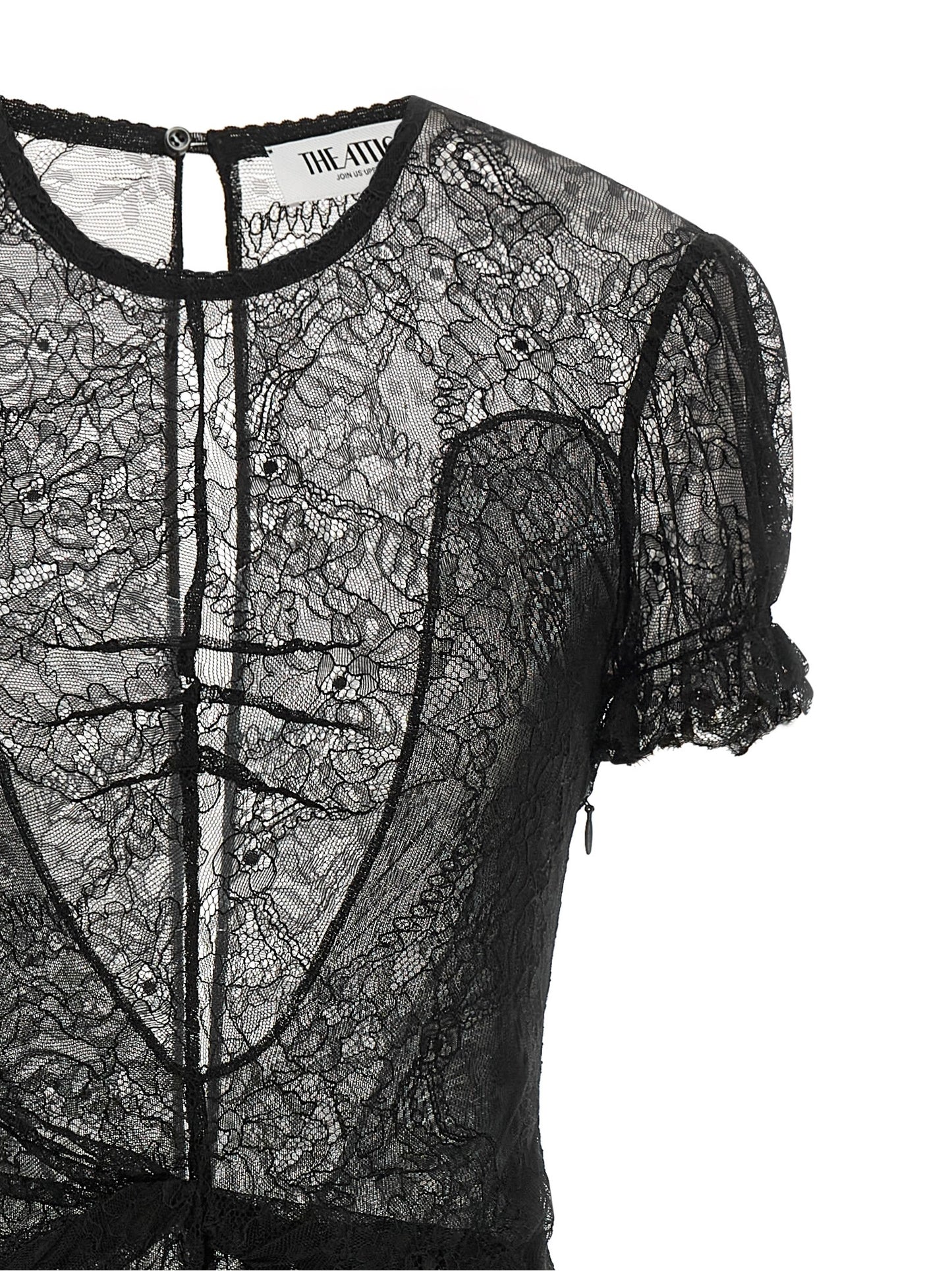Dress by The Attico for women in polyamide leather & viscose black, silver, transparent & floral features an eye catching silhouette with a sophisticated round neckline, elegant , and a refined short mini for a eye catching aesthetic.