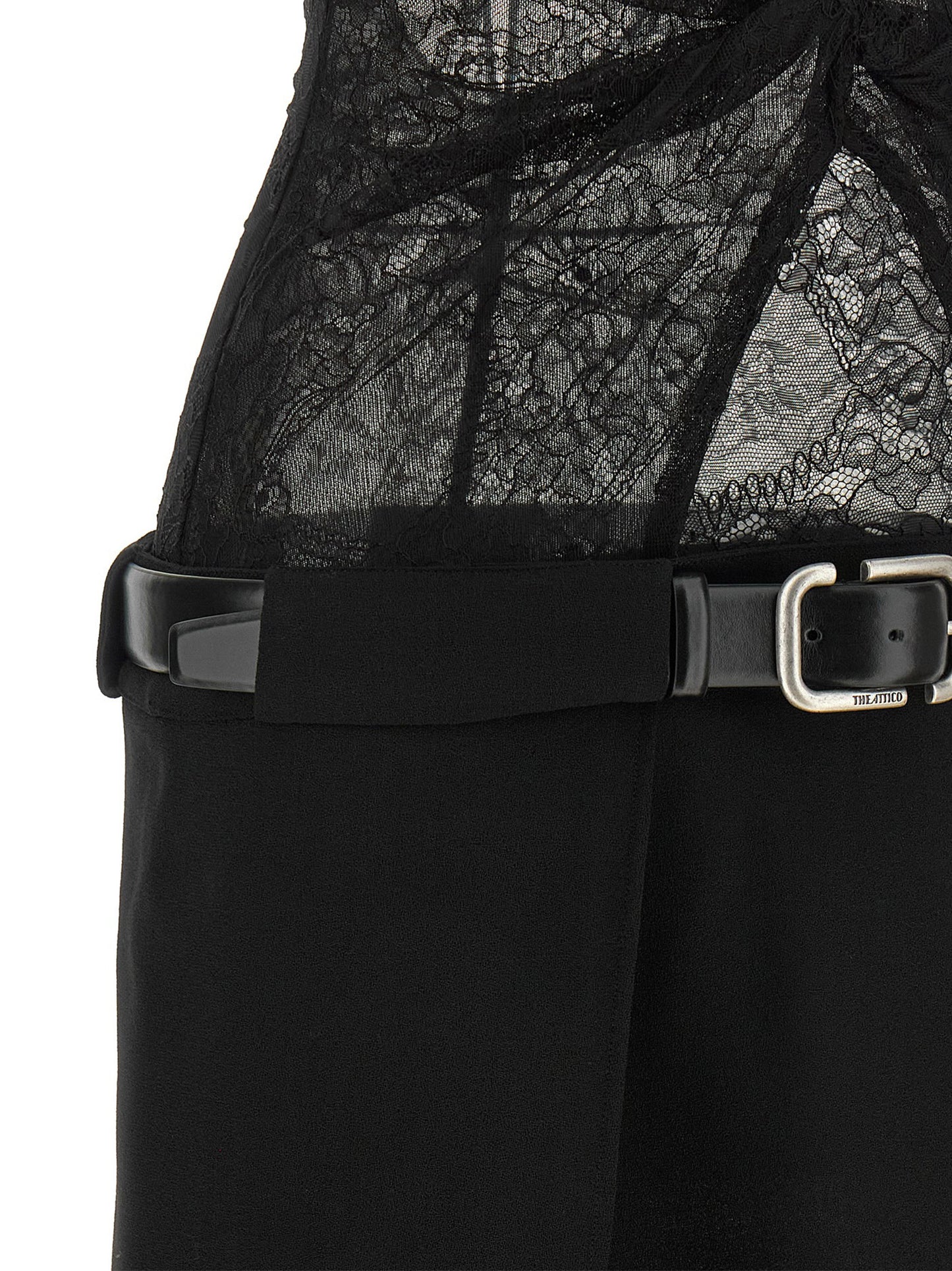 Dress by The Attico for women in polyamide leather & viscose black, silver, transparent & floral features an magnificent silhouette, artfully detailed with a magnificent round neckline and that flows into an magnificent short mini.