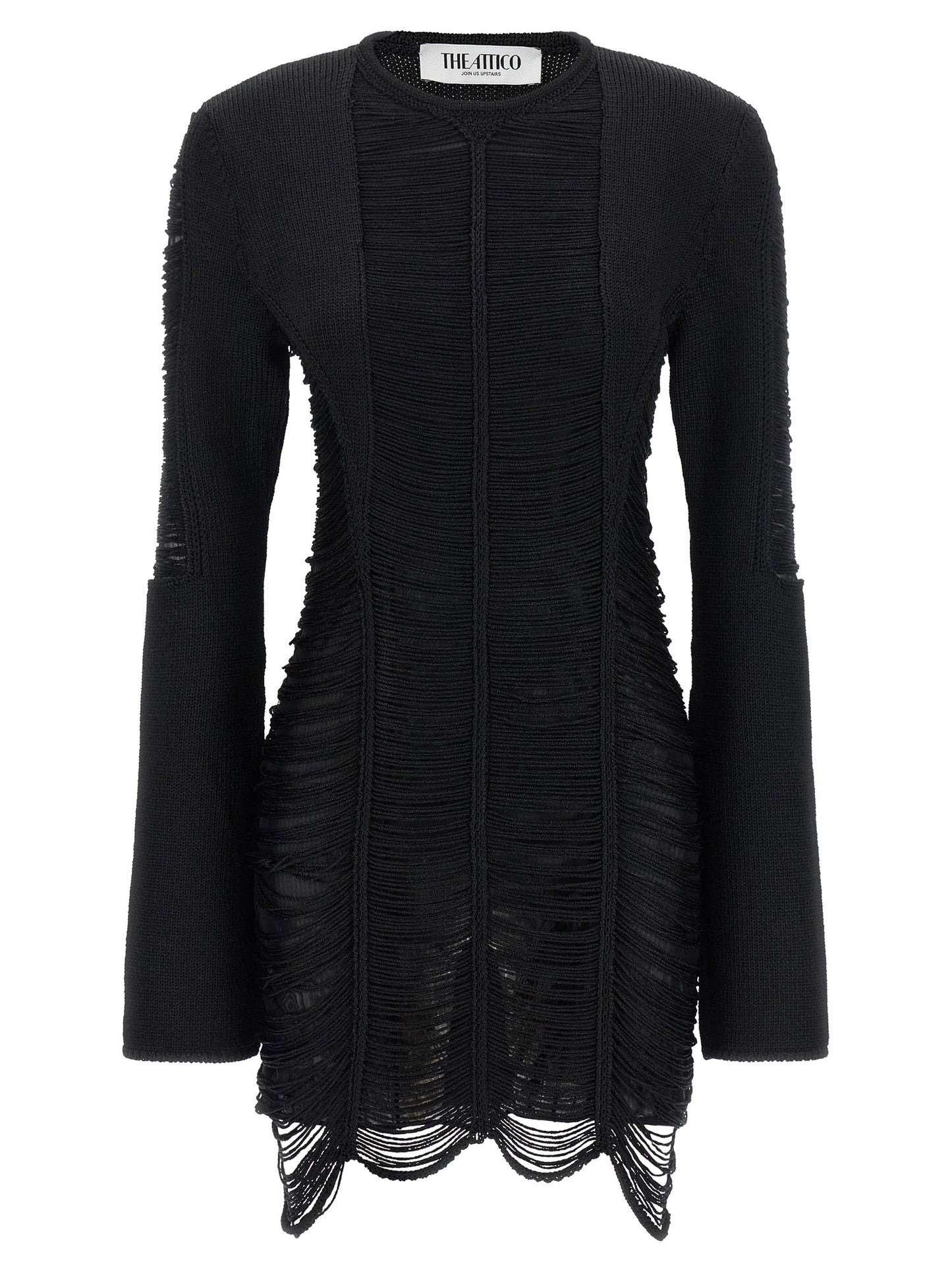 Dress by The Attico for women in polyester & viscose black, silver & transparent showcases a striking silhouette, elegantly detailed with a long-sleeve, refined crew neckline, and a striking short mini for a striking finish.