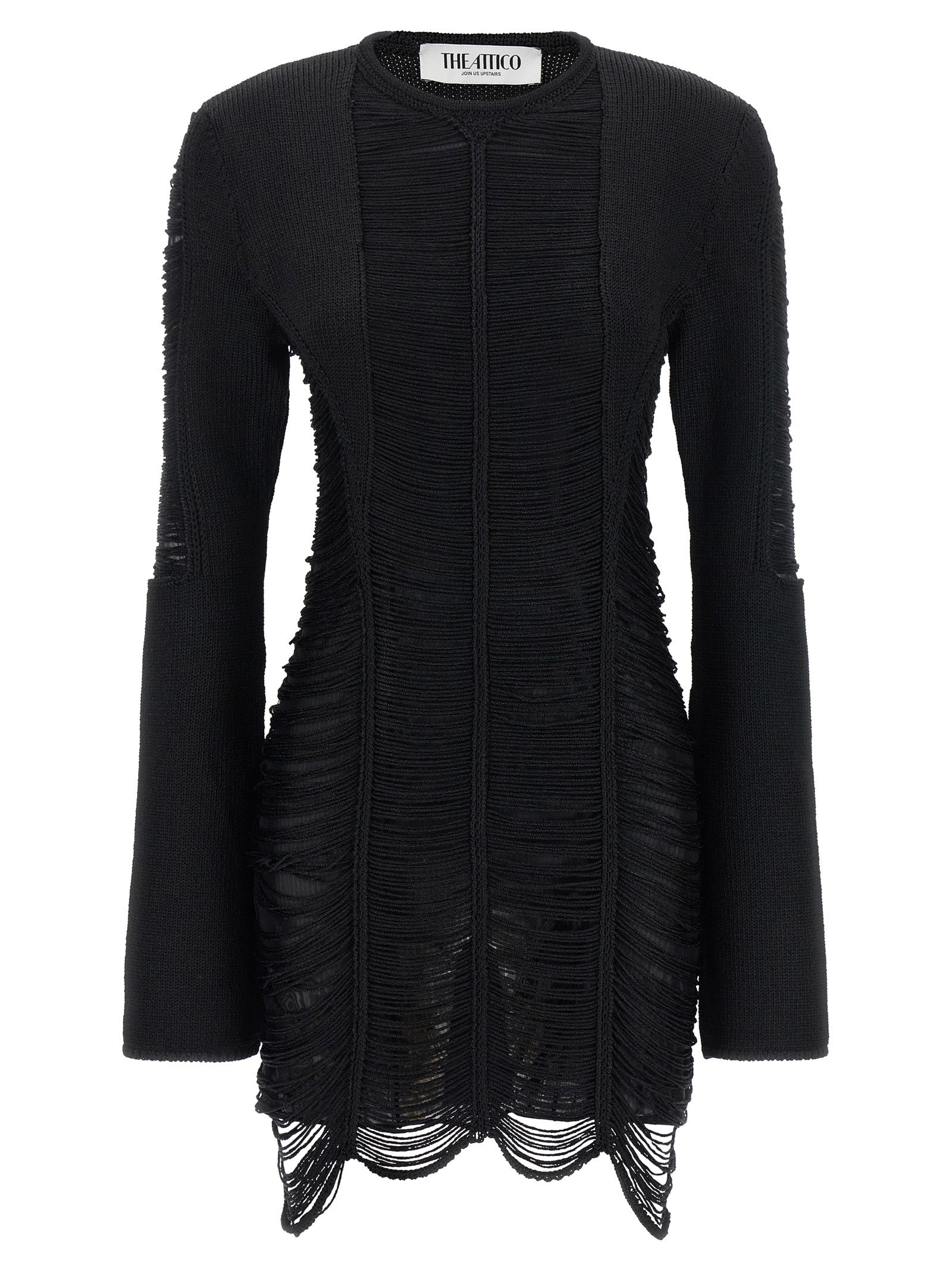Dress by The Attico for women in polyester & viscose black, silver & transparent showcases a striking silhouette, elegantly detailed with a long-sleeve, refined crew neckline, and a striking short mini for a striking finish.