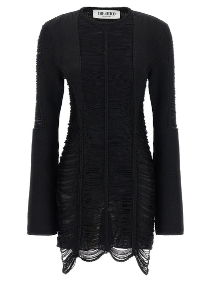 Dress by The Attico for women in polyester & viscose black, silver & transparent showcases a striking silhouette, elegantly detailed with a long-sleeve, refined crew neckline, and a striking short mini for a striking finish.