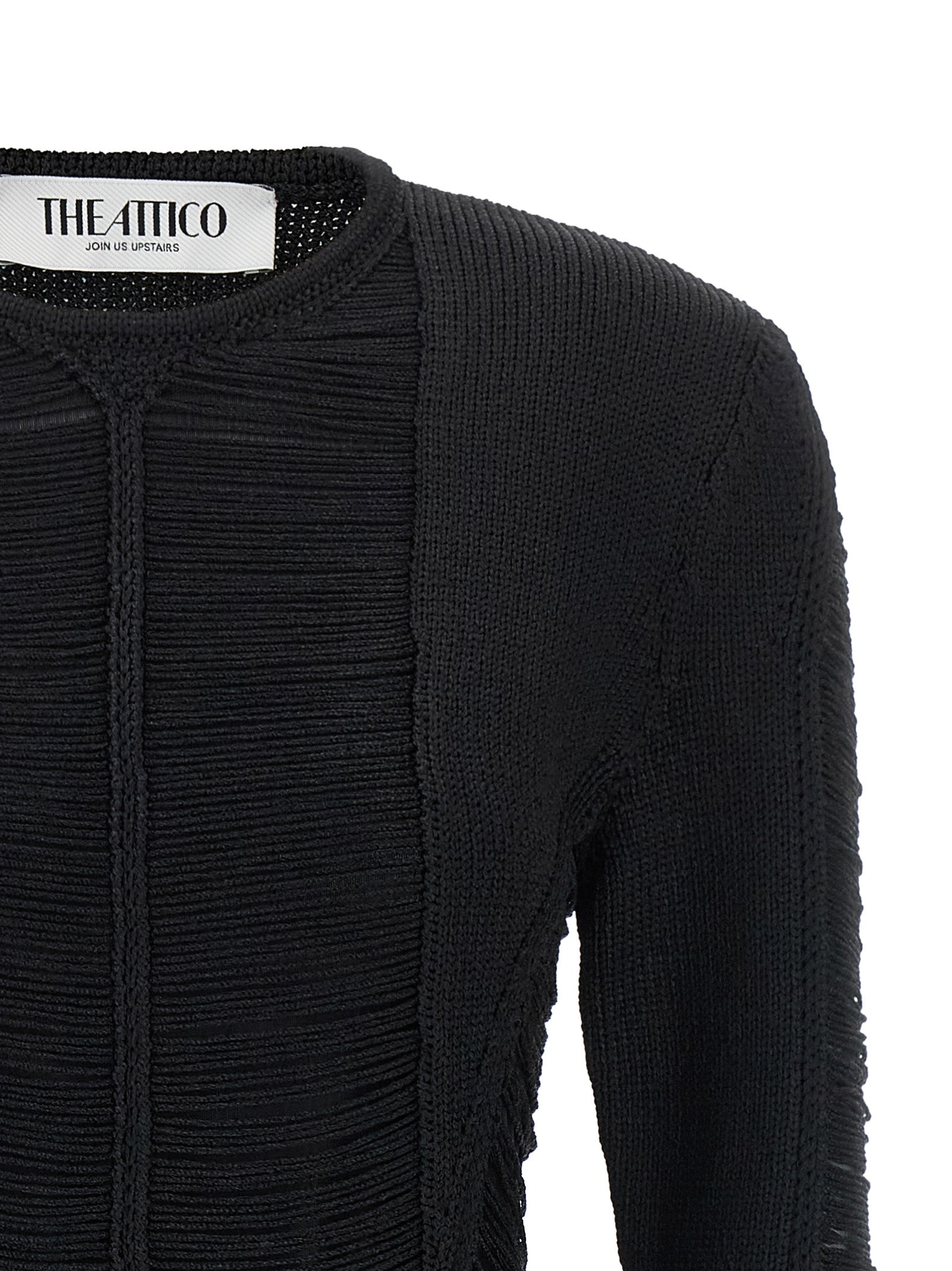 Dress by The Attico for women in polyester & viscose black, silver & transparent presents a sinuous silhouette, showcasing a sophisticated crew neckline and detailed with a sinuous short mini for a refined finish.