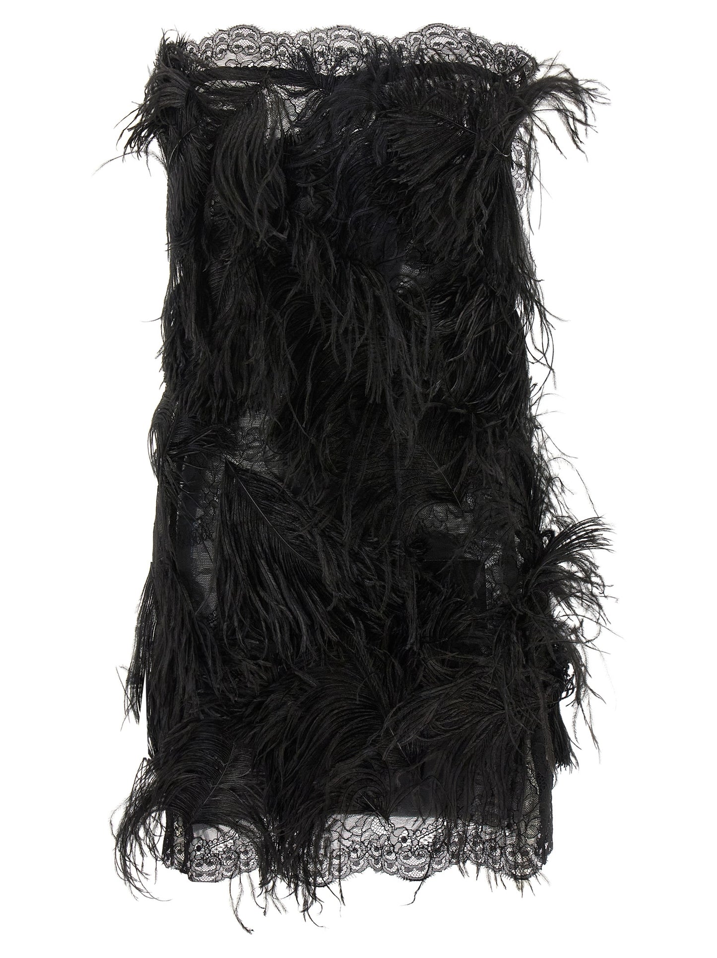 Dress by The Attico for women in ostrich leather polyamide & feathers black features an eye catching silhouette with a sophisticated strapless neckline, elegant strapless, and a refined short mini for a eye catching aesthetic.