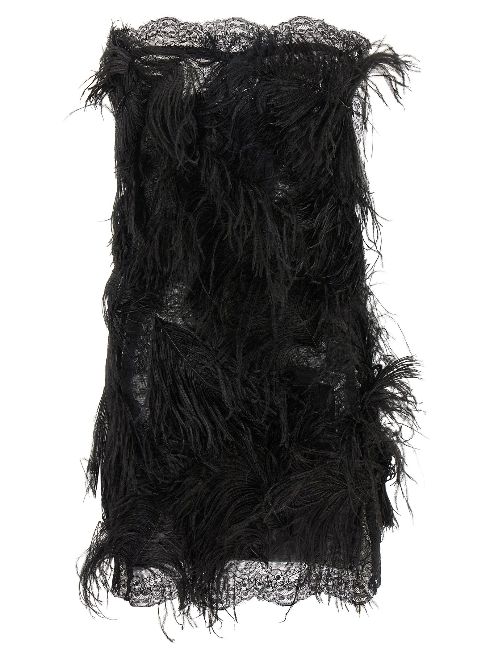 Dress by The Attico for women in ostrich leather polyamide & feathers black features an eye catching silhouette with a sophisticated strapless neckline, elegant strapless, and a refined short mini for a eye catching aesthetic.