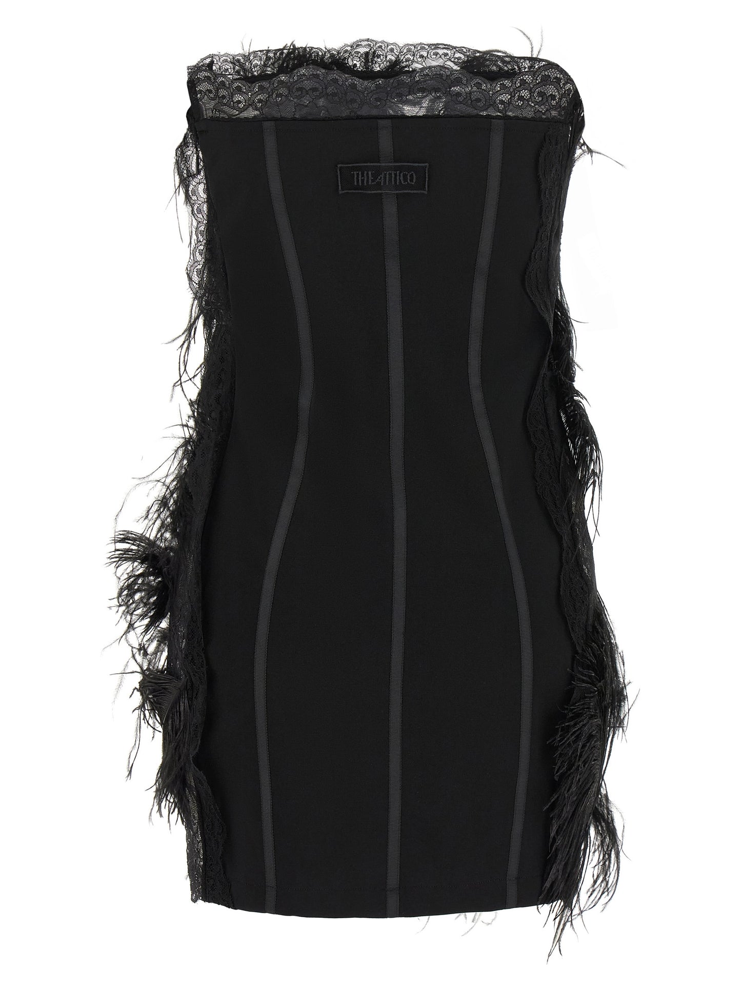 Dress by The Attico for women in ostrich leather polyamide & feathers black features a dramatic silhouette, showcasing an elegant strapless neckline and that flows into a dramatic short mini.