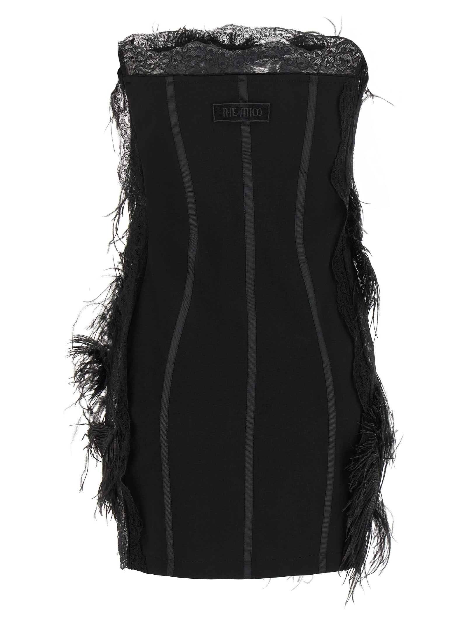 Dress by The Attico for women in ostrich leather polyamide & feathers black features a dramatic silhouette, showcasing an elegant strapless neckline and that flows into a dramatic short mini.