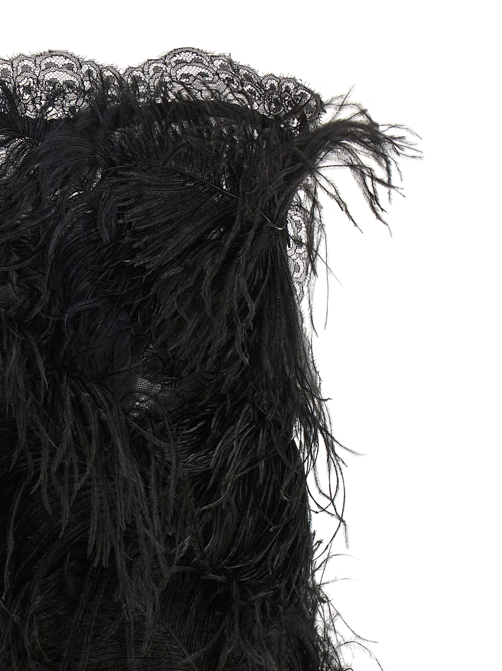 Dress by The Attico for women in ostrich leather polyamide & feathers black presents a sinuous silhouette, showcasing a sophisticated strapless neckline and detailed with a sinuous short mini for a refined finish.