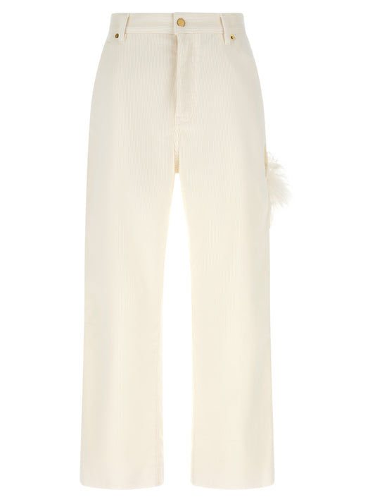 Trousers by Darkpark for women in cotton corduroy leather & feather cream, gold & white features a sculptural silhouette, showcasing a sculptural straight-leg and long with a sophisticated for a sculptural finish.