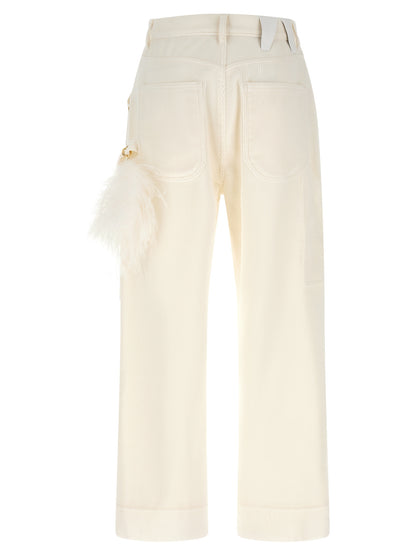 Trousers by Darkpark for women in cotton corduroy leather & feather cream, gold & white presents a perennial silhouette, meticulously tailored with a straight-leg cut, long finish, and an elegant .