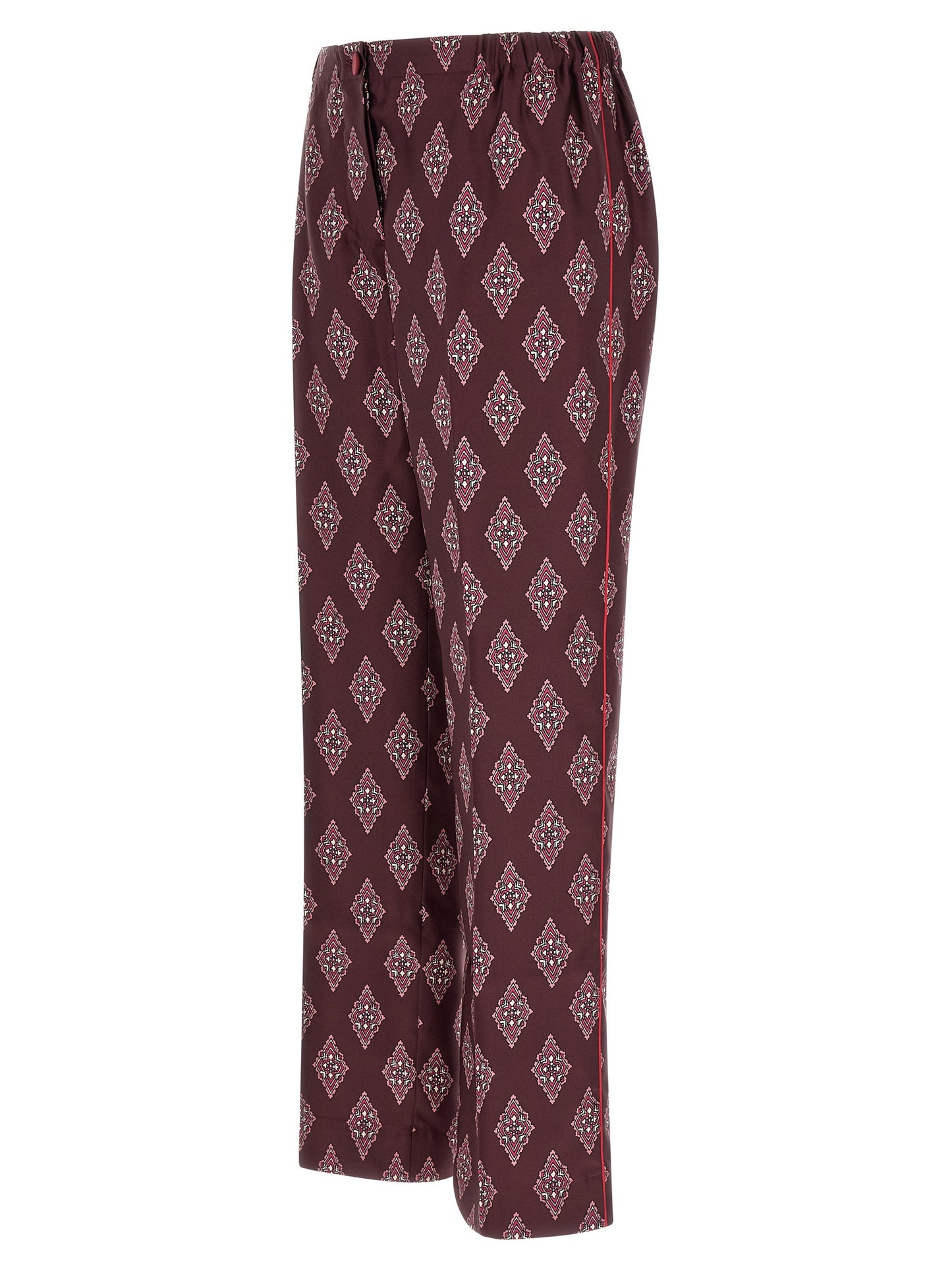 Casual Pants by F.R.S. - FOR RESTLESS SLEEPERS for women in silk burgundy, multicolor, red & patterned presents a tailored silhouette, showcasing a tailored and long cut with a refined high rise for a truly tailored aesthetic.