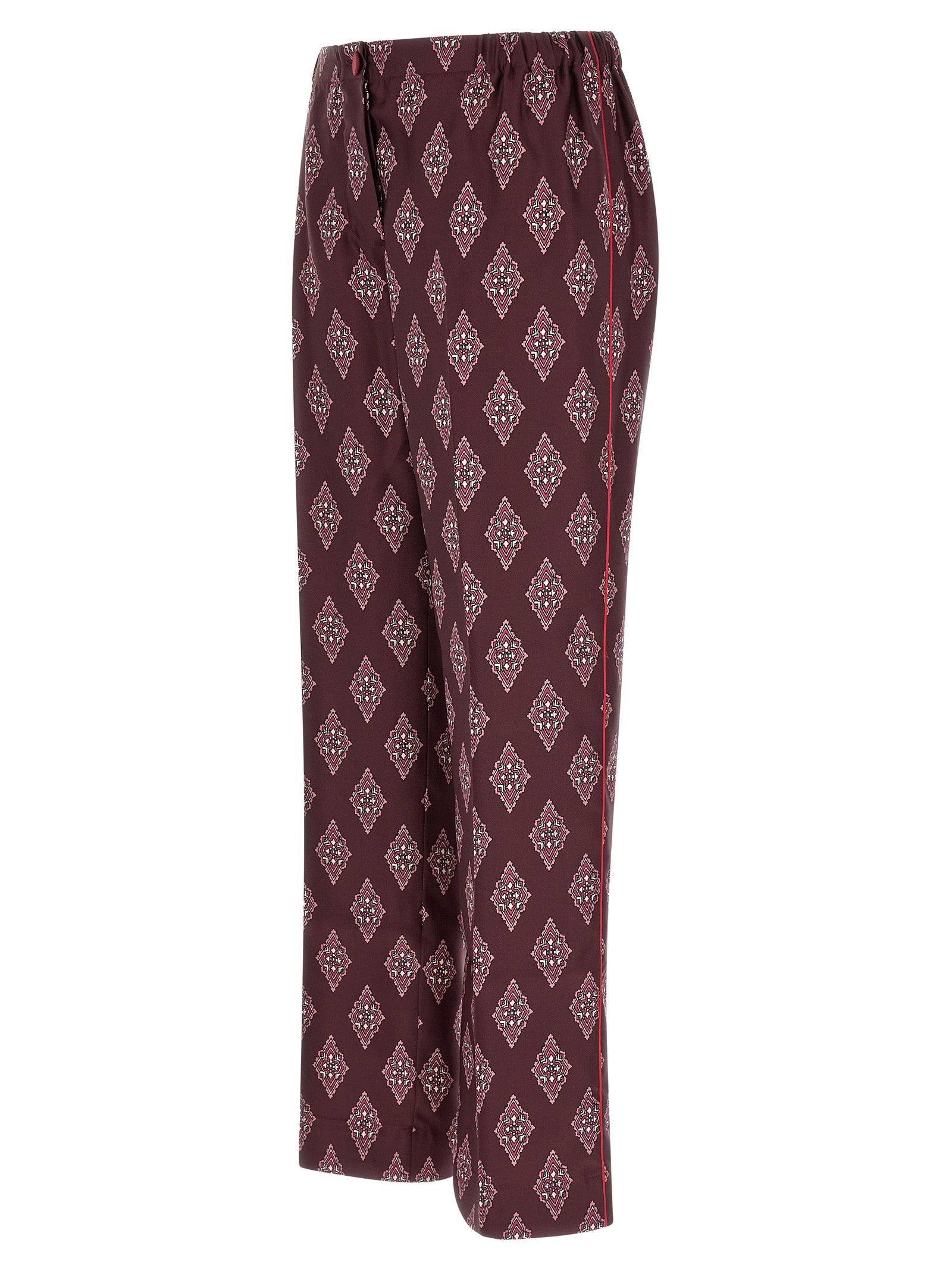 Casual Pants by F.R.S. - FOR RESTLESS SLEEPERS for women in silk burgundy, multicolor, red & patterned presents a tailored silhouette, showcasing a tailored and long cut with a refined high rise for a truly tailored aesthetic.