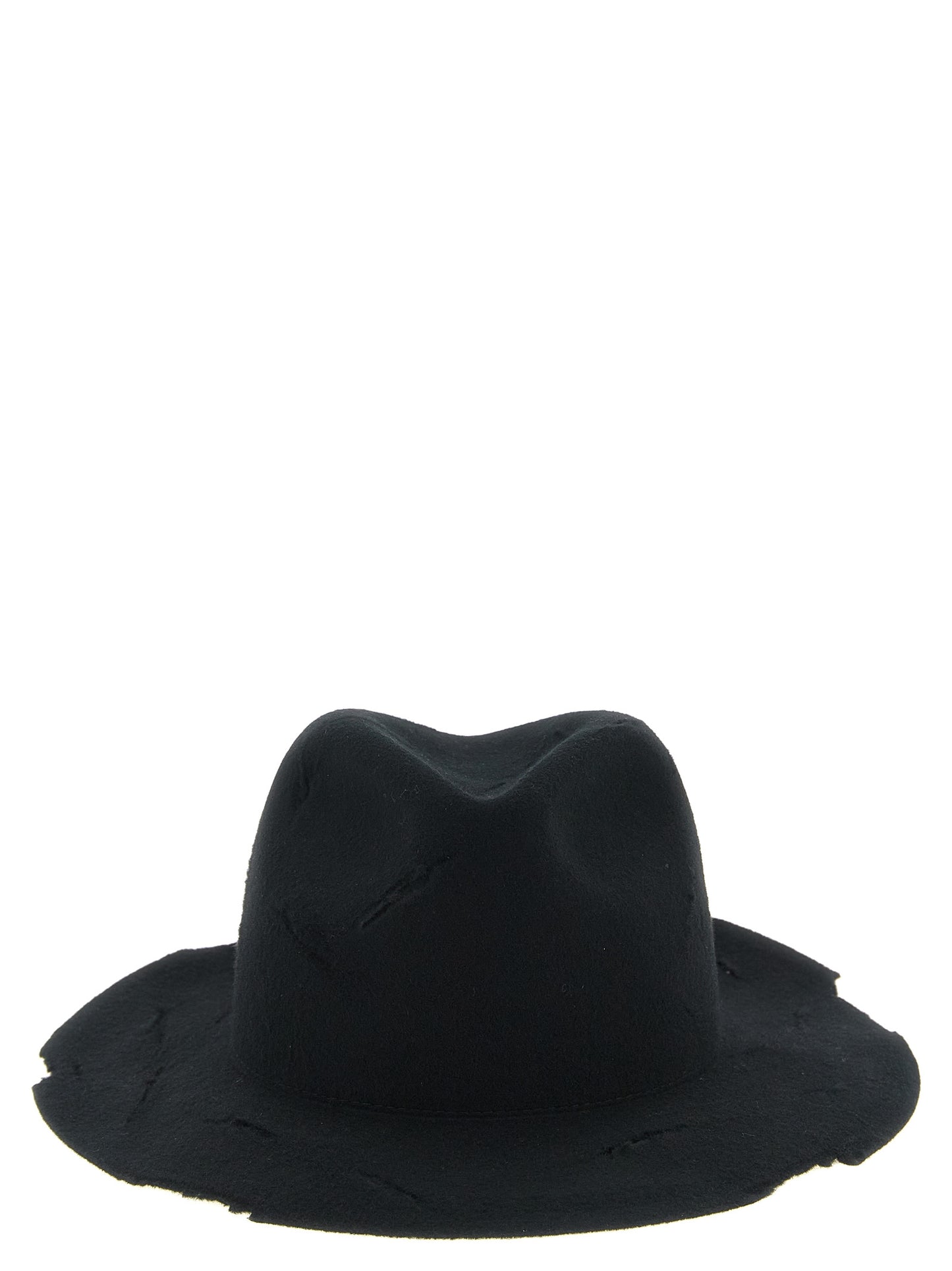 Fedora by Yohji Yamamoto for men in wool black presents a ethereal silhouette, showcasing the ethereal craftsmanship and ethereal aesthetic of the Fedora Wool collection.
