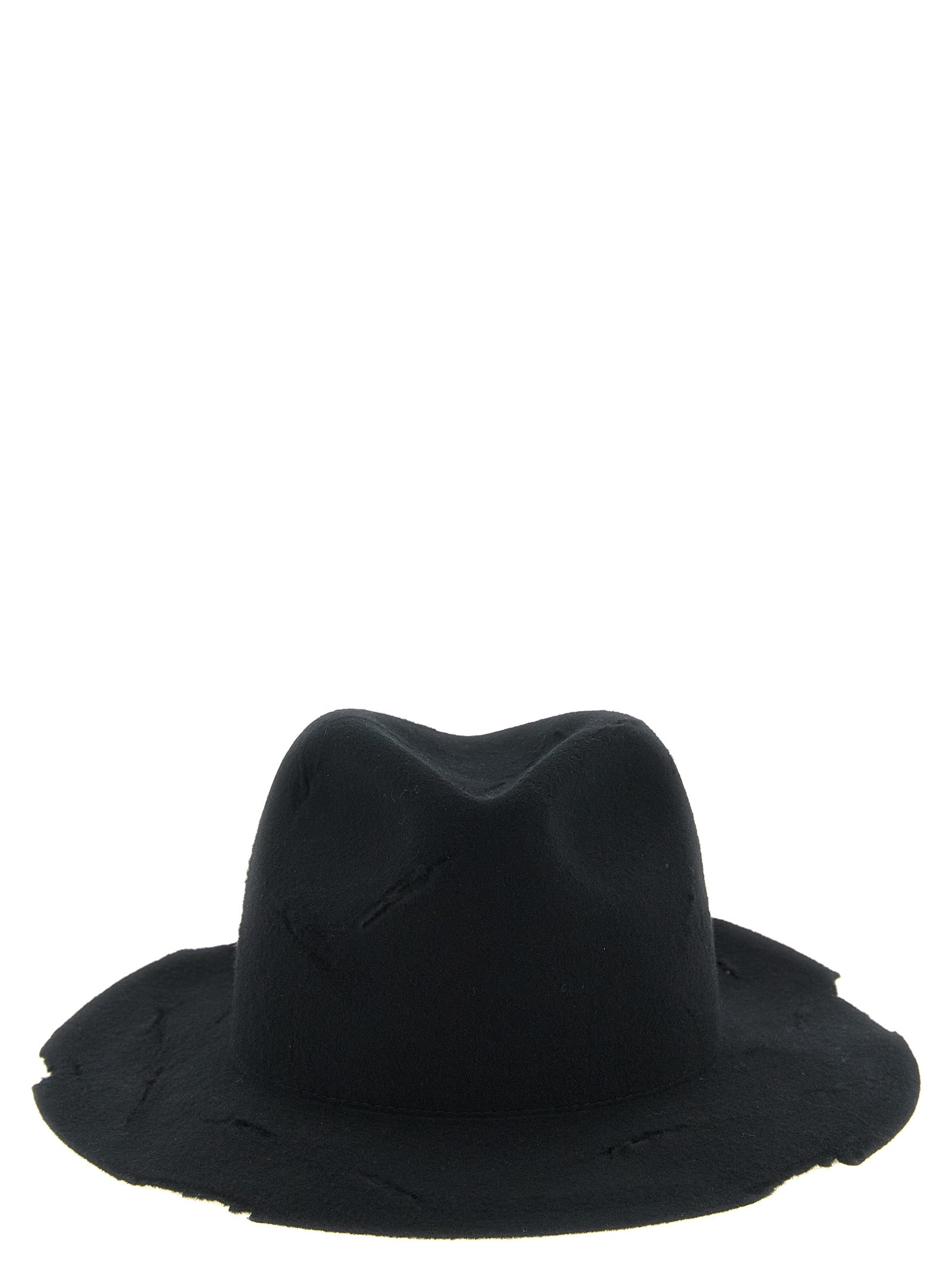 Fedora by Yohji Yamamoto for men in wool black presents a ethereal silhouette, showcasing the ethereal craftsmanship and ethereal aesthetic of the Fedora Wool collection.