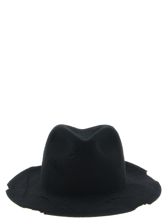 Fedora by Yohji Yamamoto for men in wool black presents a ethereal silhouette, showcasing the ethereal craftsmanship and ethereal aesthetic of the Fedora Wool collection.