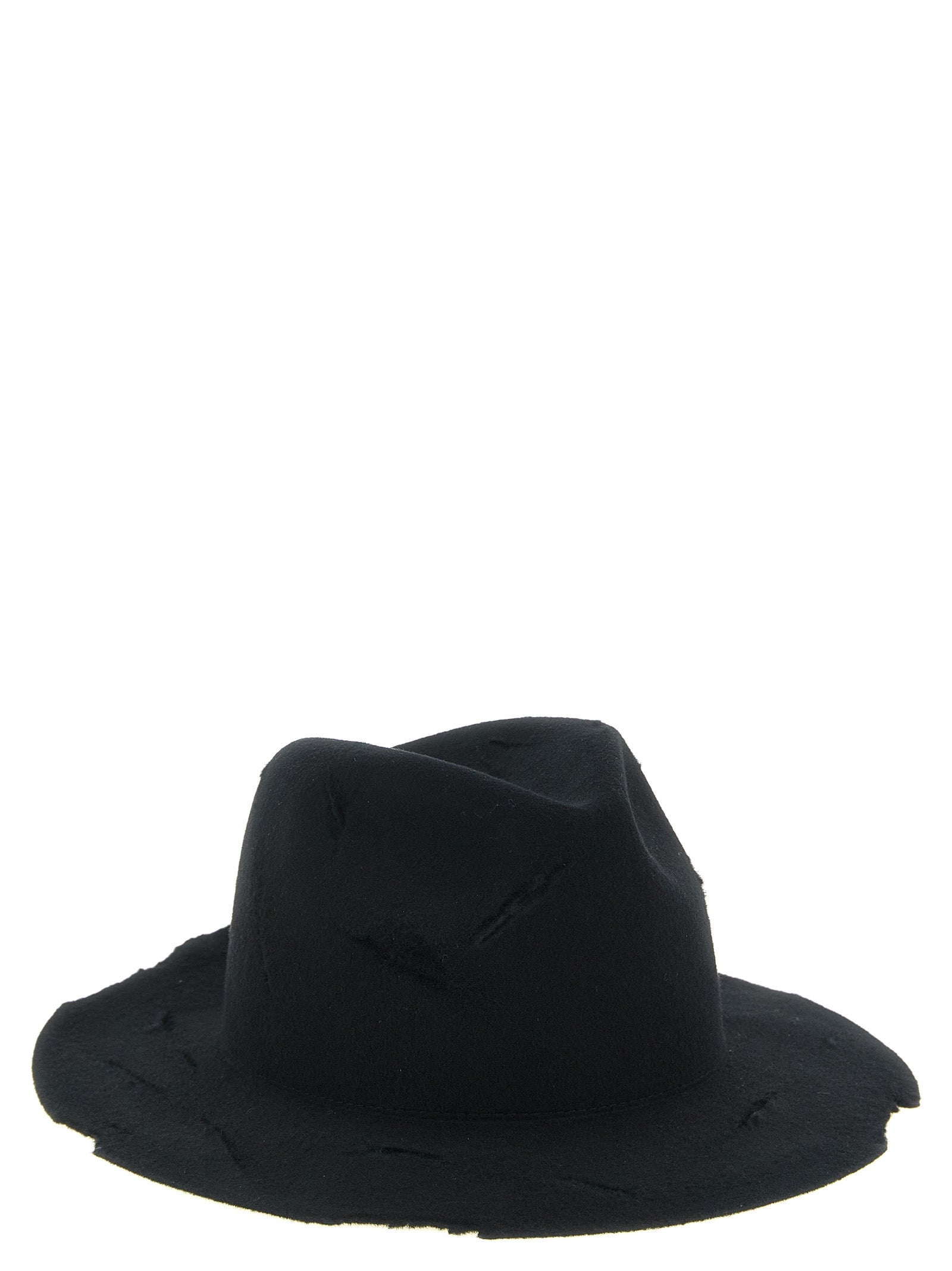 Fedora by Yohji Yamamoto for men in wool black presents a distinguished silhouette, artfully capturing the distinguished essence of the Fedora Wool design with a sophisticated finish.