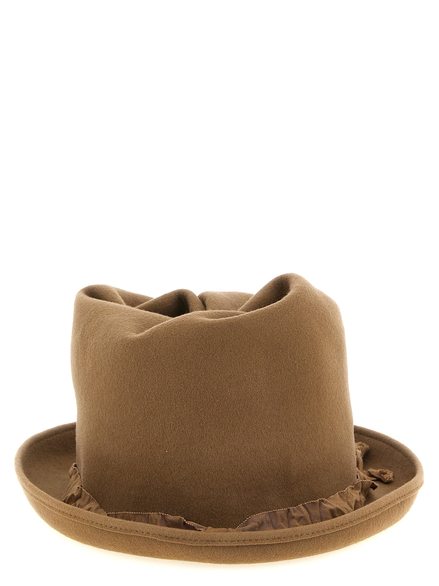 Fedora by Yohji Yamamoto for men in wool beige features an effortlessly chic silhouette, perfectly showcasing the sophisticated effortlessly chic design of this Fedora Ribbon Wool.