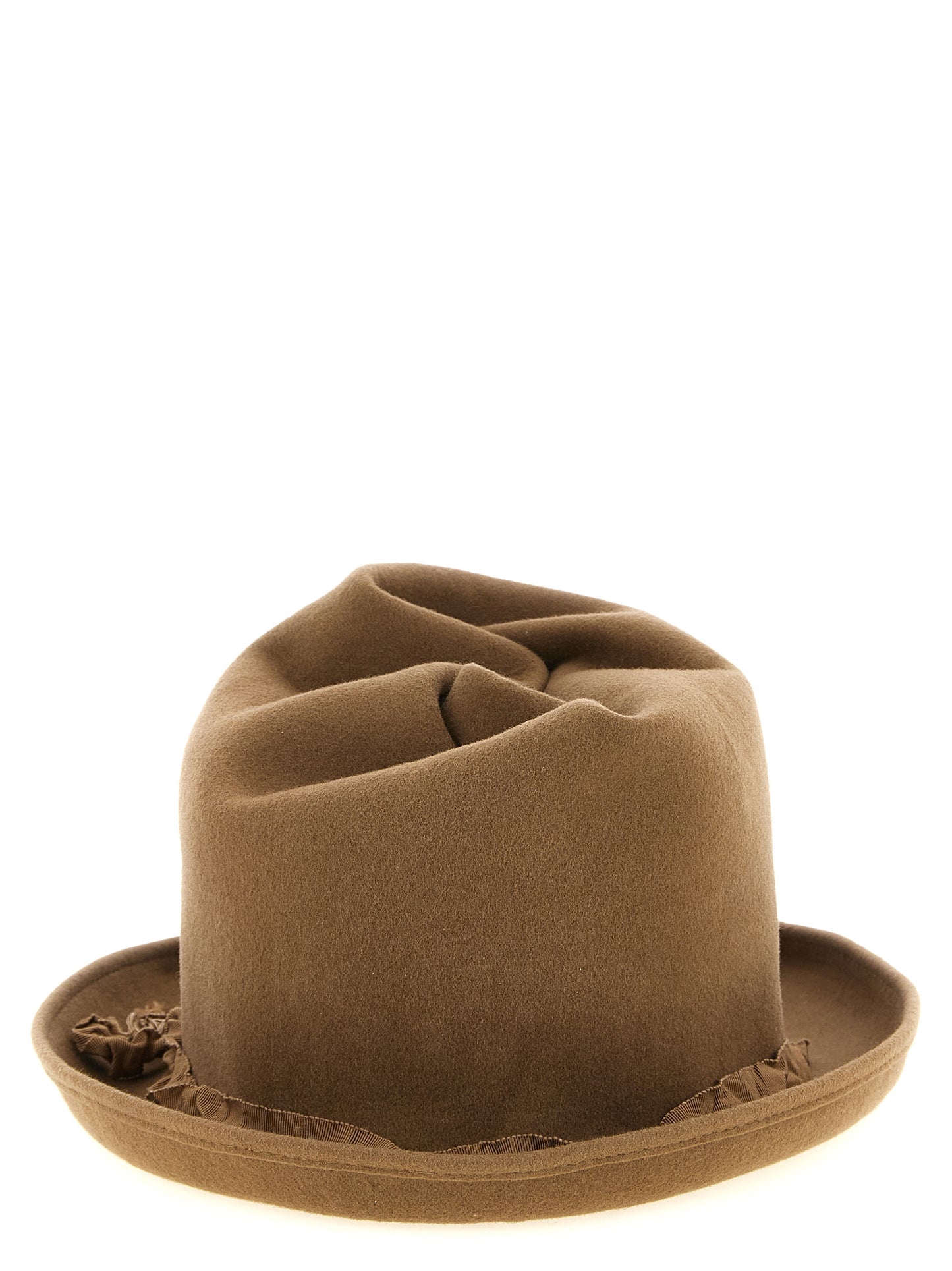 Fedora by Yohji Yamamoto for men in wool beige showcases a contemporary chic silhouette, artfully capturing the essence of the contemporary chic Fedora Ribbon Wool design for a sophisticated look.