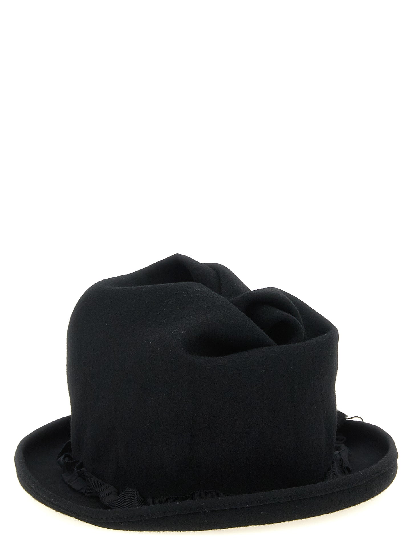 Fedora by Yohji Yamamoto for men in wool black showcases a contemporary chic silhouette, artfully capturing the essence of the contemporary chic Fedora Play Ribbon Wool design for a sophisticated look.