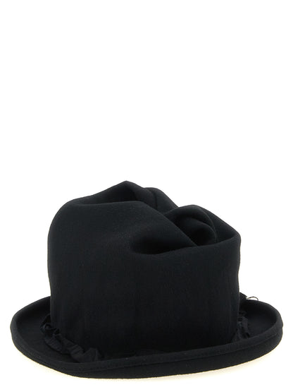 Fedora by Yohji Yamamoto for men in wool black showcases a contemporary chic silhouette, artfully capturing the essence of the contemporary chic Fedora Play Ribbon Wool design for a sophisticated look.