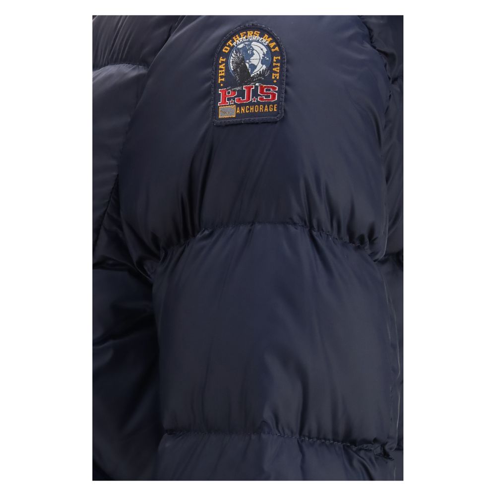 Hooded Puffer Jacket by Parajumpers for women in polyamide polyester & goose-down blue & signature features a dramatic silhouette, showcasing a sophisticated and distinctive pockets, hooded & insulated for a dramatic aesthetic.