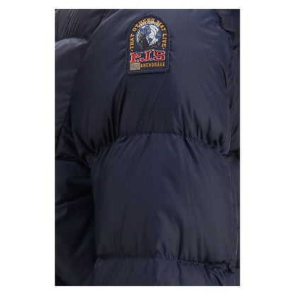 Hooded Puffer Jacket by Parajumpers for women in polyamide polyester & goose-down blue & signature features a dramatic silhouette, showcasing a sophisticated and distinctive pockets, hooded & insulated for a dramatic aesthetic.