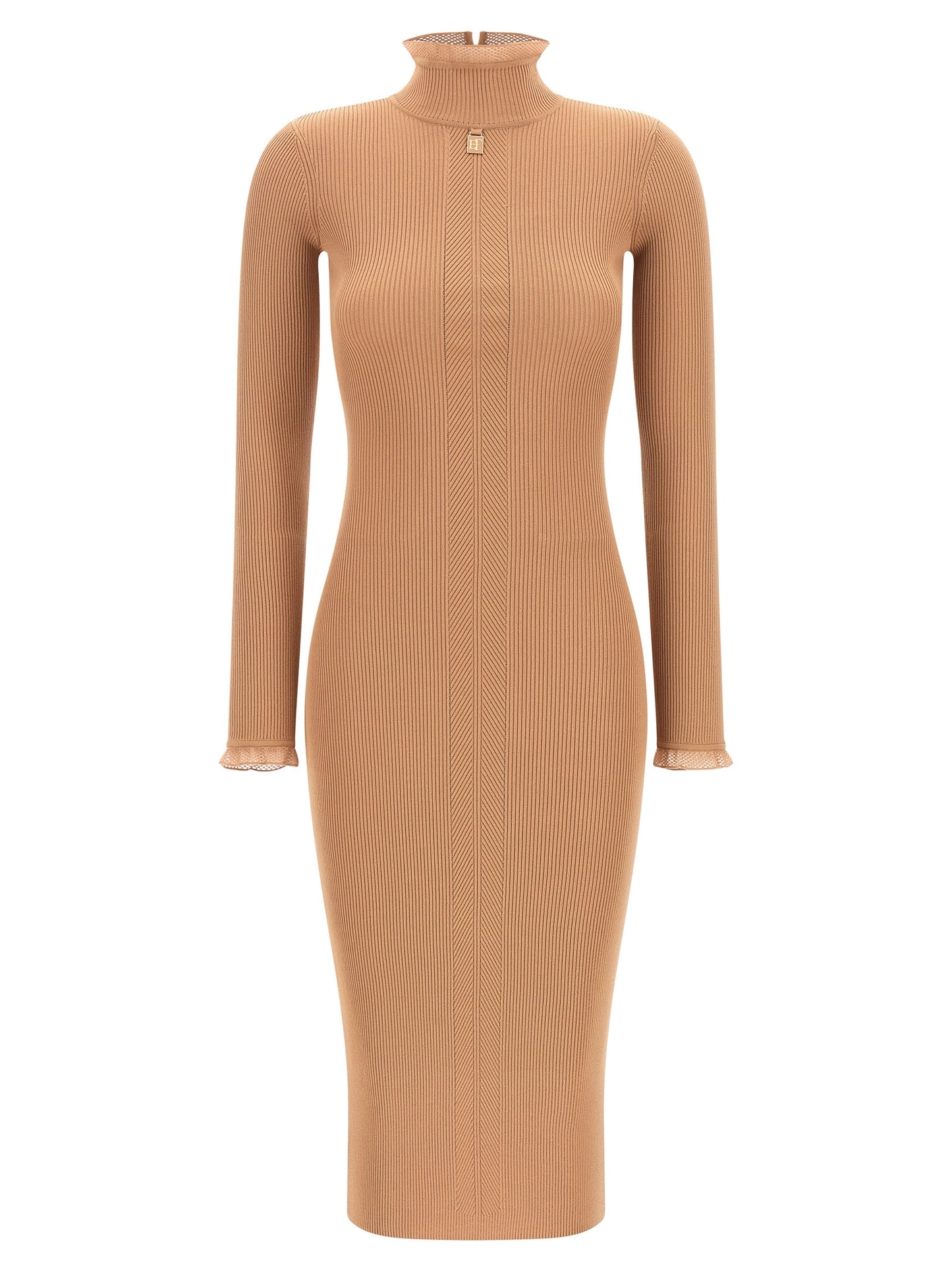 Dress by Elisabetta Franchi for women in polyamide & viscose beige, gold & patterned features a dramatic silhouette, showcasing an elegant mock neckline and that flows into a dramatic midi.
