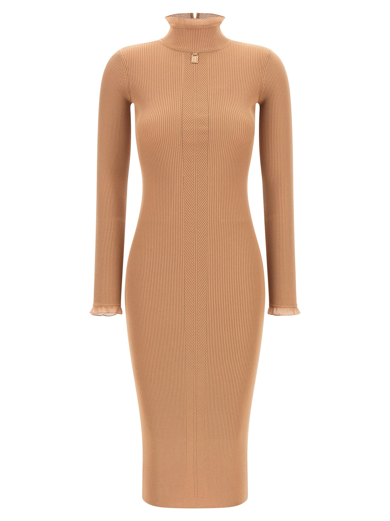 Dress by Elisabetta Franchi for women in polyamide & viscose beige, gold & patterned features a dramatic silhouette, showcasing an elegant mock neckline and that flows into a dramatic midi.
