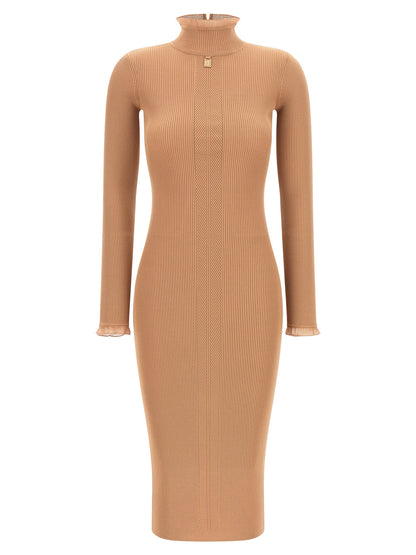 Dress by Elisabetta Franchi for women in polyamide & viscose beige, gold & patterned features a dramatic silhouette, showcasing an elegant mock neckline and that flows into a dramatic midi.