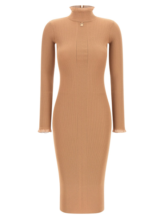 Dress by Elisabetta Franchi for women in polyamide & viscose beige, gold & patterned features a dramatic silhouette, showcasing an elegant mock neckline and that flows into a dramatic midi.