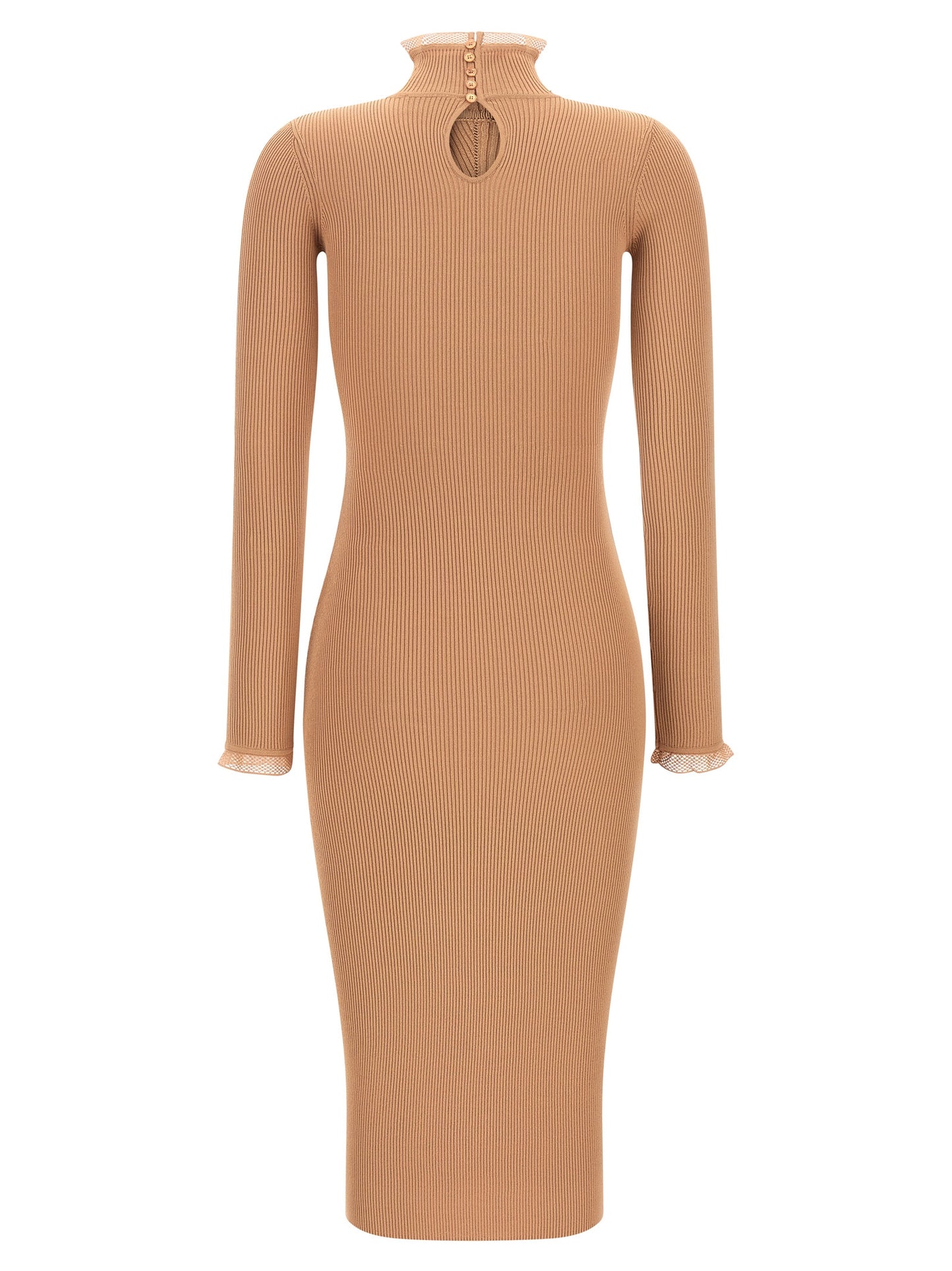 Dress by Elisabetta Franchi for women in polyamide & viscose beige, gold & patterned features an sultry silhouette defined by a mock neckline and , falling to an sultry midi for a sultry look.