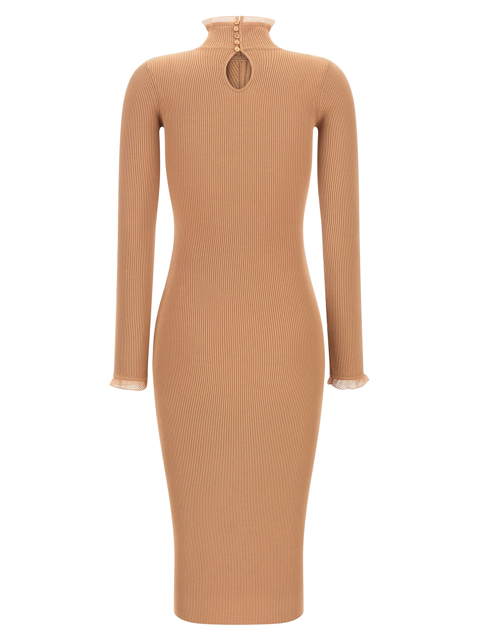 Dress by Elisabetta Franchi for women in polyamide & viscose beige, gold & patterned features an sultry silhouette defined by a mock neckline and , falling to an sultry midi for a sultry look.